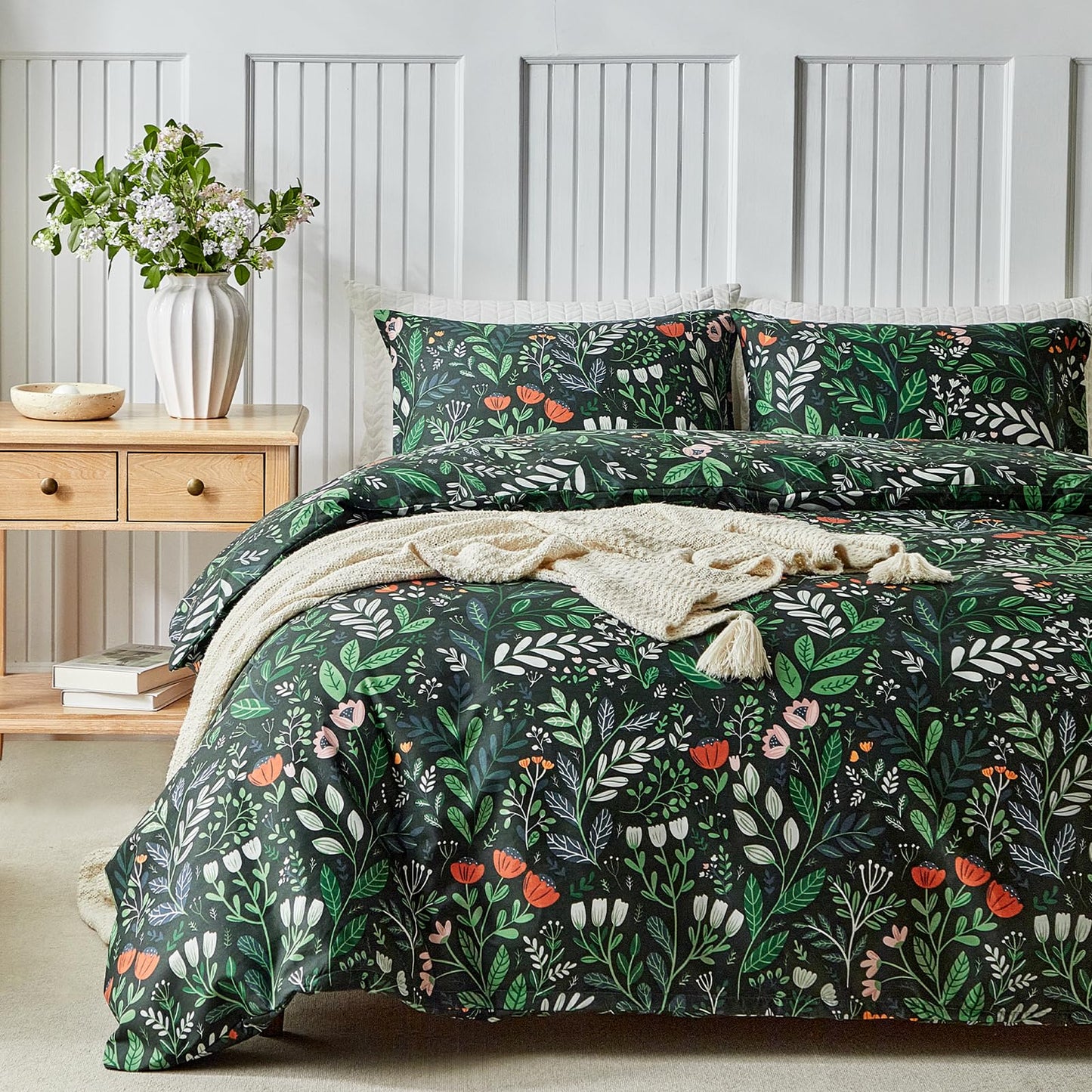 Lekesky King Size Reversible Duvet Cover, Duvet Cover King Size 3 Piece Romantic Garden Microfiber Botanical Bedding Set with Zipper Closure Corner Ties