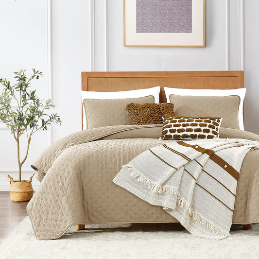 ROARINGWILD Beige Cloud Queen Size Quilt Bedding Sets with Pillow Shams, Farmhouse Lightweight Soft Bedspread Coverlet, All Season Rustic Country Thin Comforter, 3 Pieces, 90x90 inches, Tan Cream