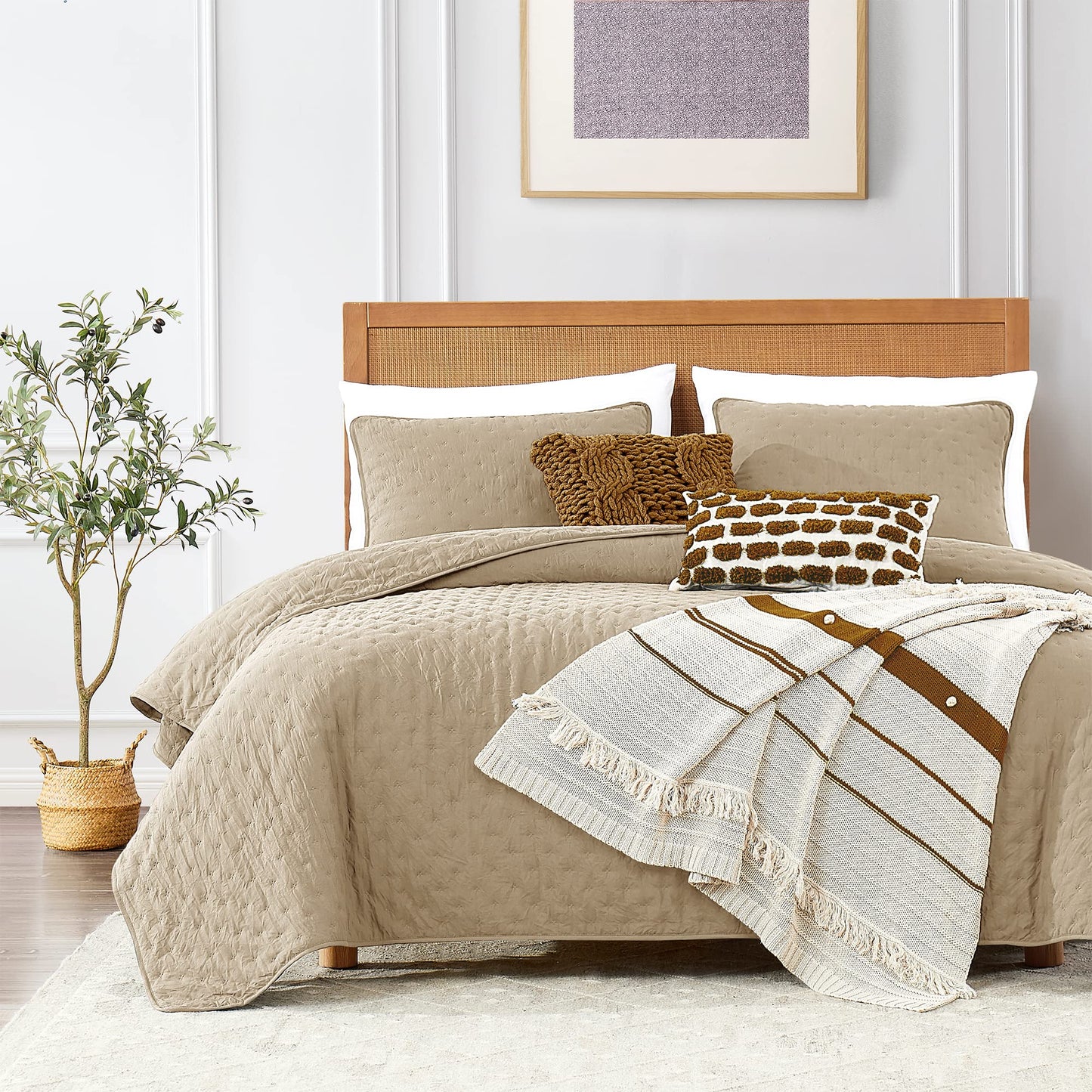 ROARINGWILD Beige Cloud Twin Size Quilt Bedding Sets with Pillow Sham, Farmhouse Lightweight Soft Bedspread Coverlet, All Season Rustic Country Thin Comforter, 2 Pieces, 68x90 inches, Tan Cream