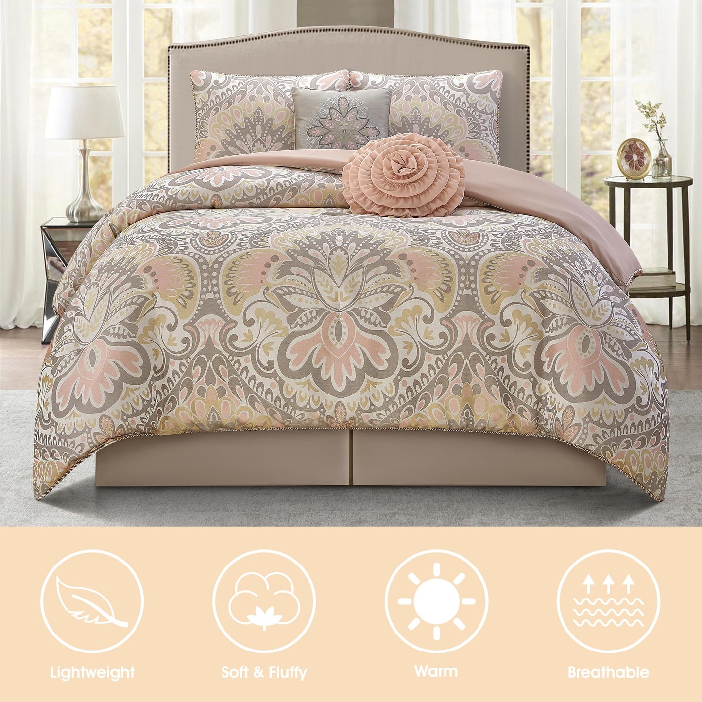 LANCO MODERN LIFESTYLE Blush 6 Piece Comforter Set, King, Elegant Floral Jacquard, Ultra Soft Bed Set for All Seasons, Bed in a Bag, Include Comforter, Bed Skirt, Pillow Shams & Decor Pillows