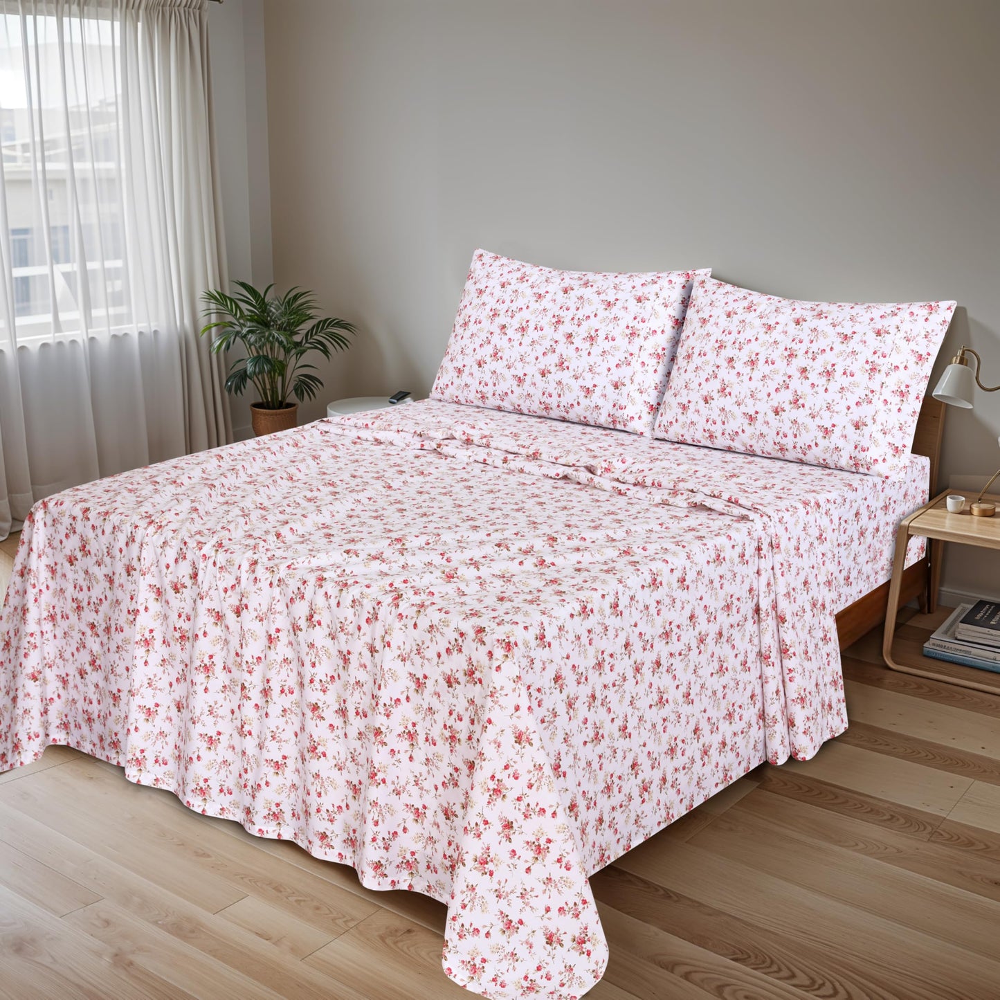 RUVANTI 100% Cotton Percale Sheets Queen Size, Bouquet