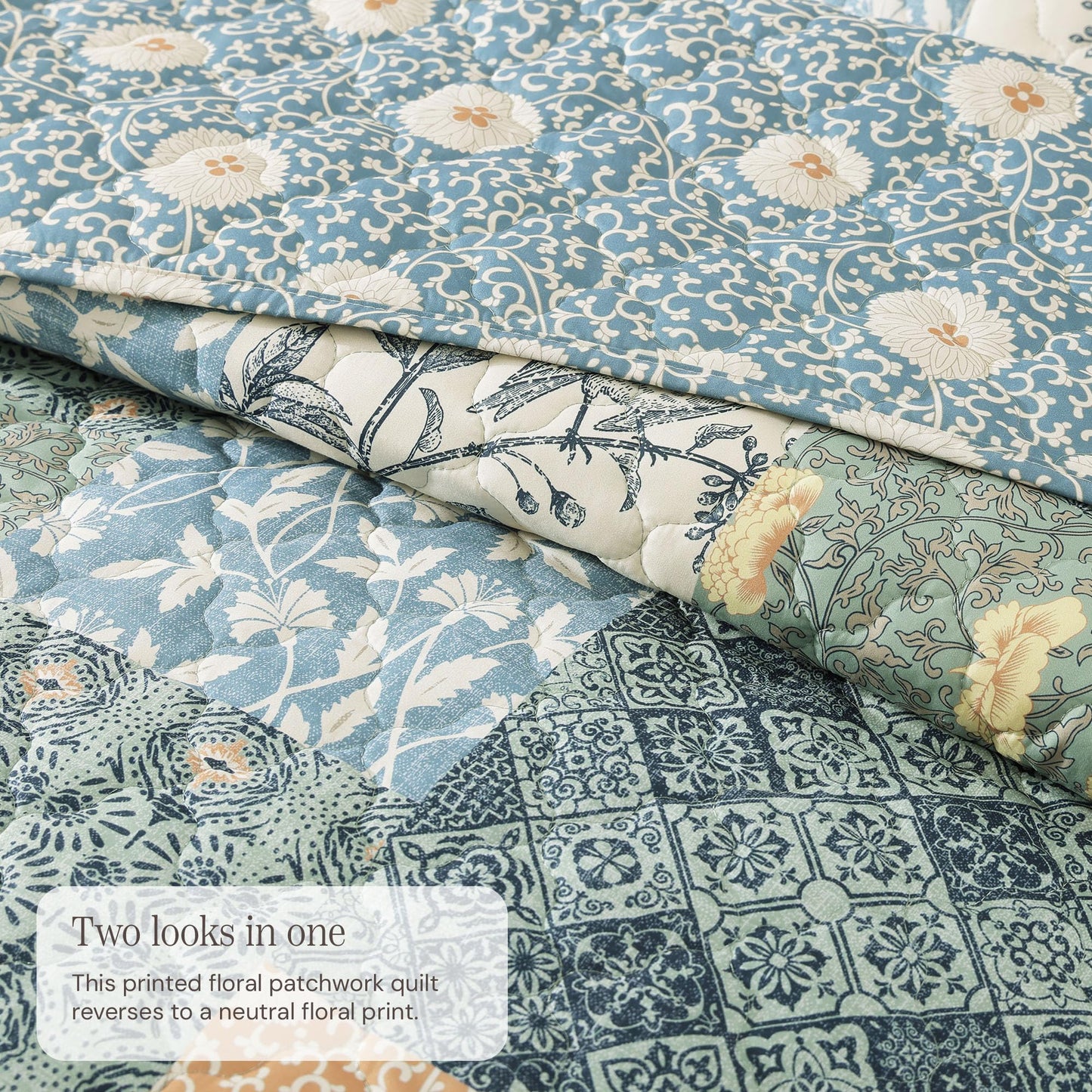 BLOOMHAVEN Quilt Set Queen Size, Patchwork Green Floral Quilt Sets, Reversible Bedspread Lightweight and Breathable for All Seasons, Soft Quilted Bedspread with 2 Pillow Shams