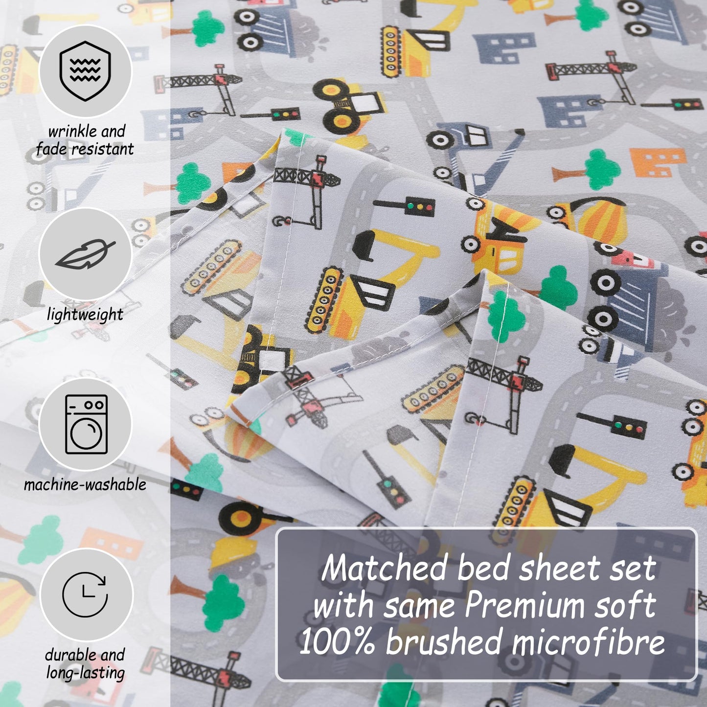 Softan Kids Bed Sheet Set, 4-Piece Full Size Sheets, Microfiber Fitted Sheet with 15 Inches Deep Pocket and Corner Straps, Breathable & Silky Soft Excavator Pattern Sheet and Pillowcase Sets