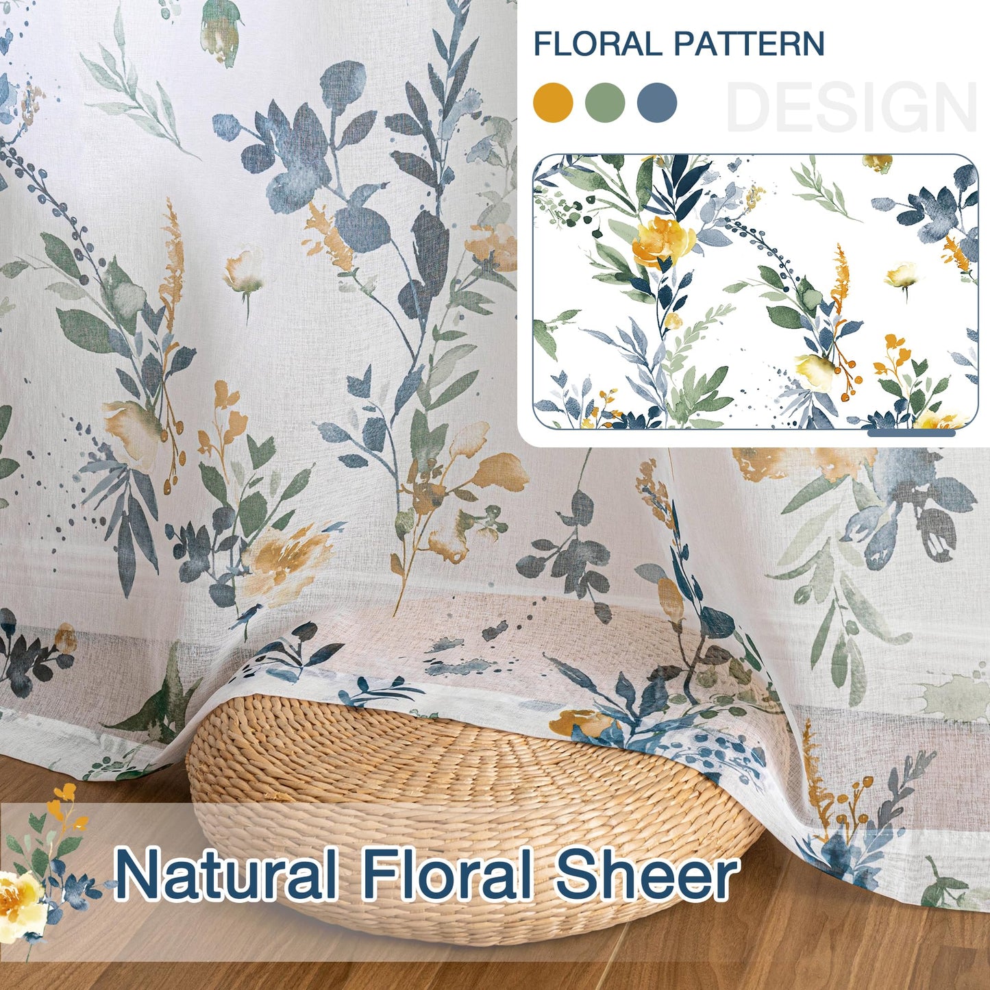 MYSKY HOME Sheer Floral Curtains 84 inches Long 2 Panels Set for Living Room Leaf Printed Summer Curtains for Bedroom Rod Pocket Window Drapes, Yellow and Blue, 52 x 84 inch