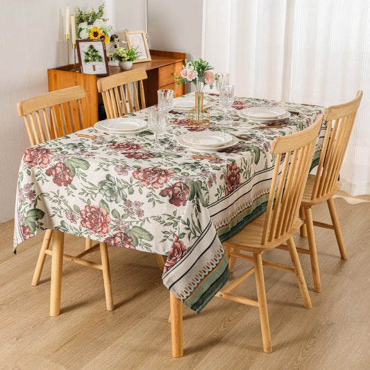 Dimatic Cotton and Linen Rectangular Tablecloth with Red Rose Pattern, Suitable for Kitchen Dining Table, Home Table Cloth and Holiday Decoration, 55 x 86 Inches