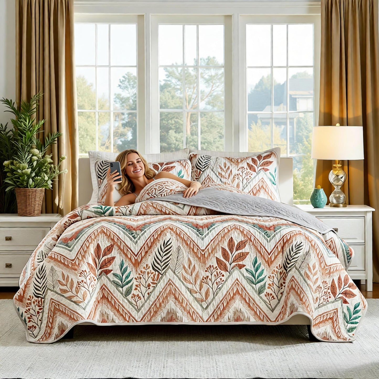 Boho Quilts Queen Size Bedding Set Orange 3 Pieces Farmhouse Leaf Botanical Summer Bedspreads with 2 Shams Soft Reversible Lightweight Breathable Coverlet Set for All Season (Orange Leaf, Queen)