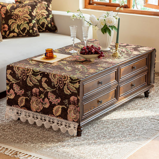 KEEMIR French Country Coffee Table Cover - Hand Embroidered Tropical Floral Chenille Non-Slip Rectangle Table Cloth for Living Room(Palmera Brown,63" L x 23.7" W)
