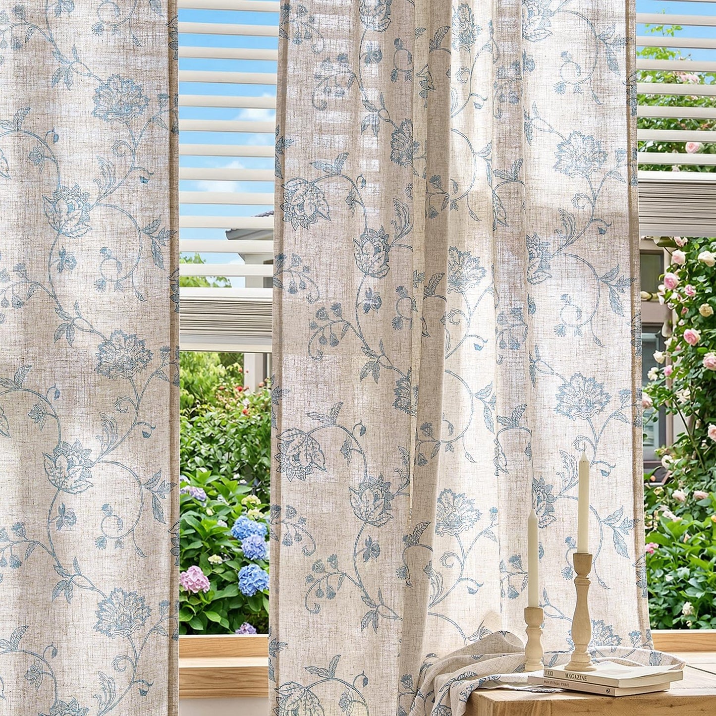 jinchan Linen Curtains Floral Curtain 84 Inch Length for Living Room Bedroom Light Filtering Rod Pocket Back Tab Jacobean Curtains Flax Linen Texture Window Drapes Set 2 Panels Blue on Linen