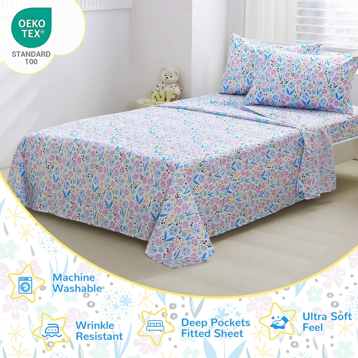Viviland 3 Pieces Girls Purple Floral Twin Sheet Set - Soft Microfiber Fitted Flat Sheets & Pillowcase - Purple Colorful Flower Print Bedding Sets - for Kids & Toddlers