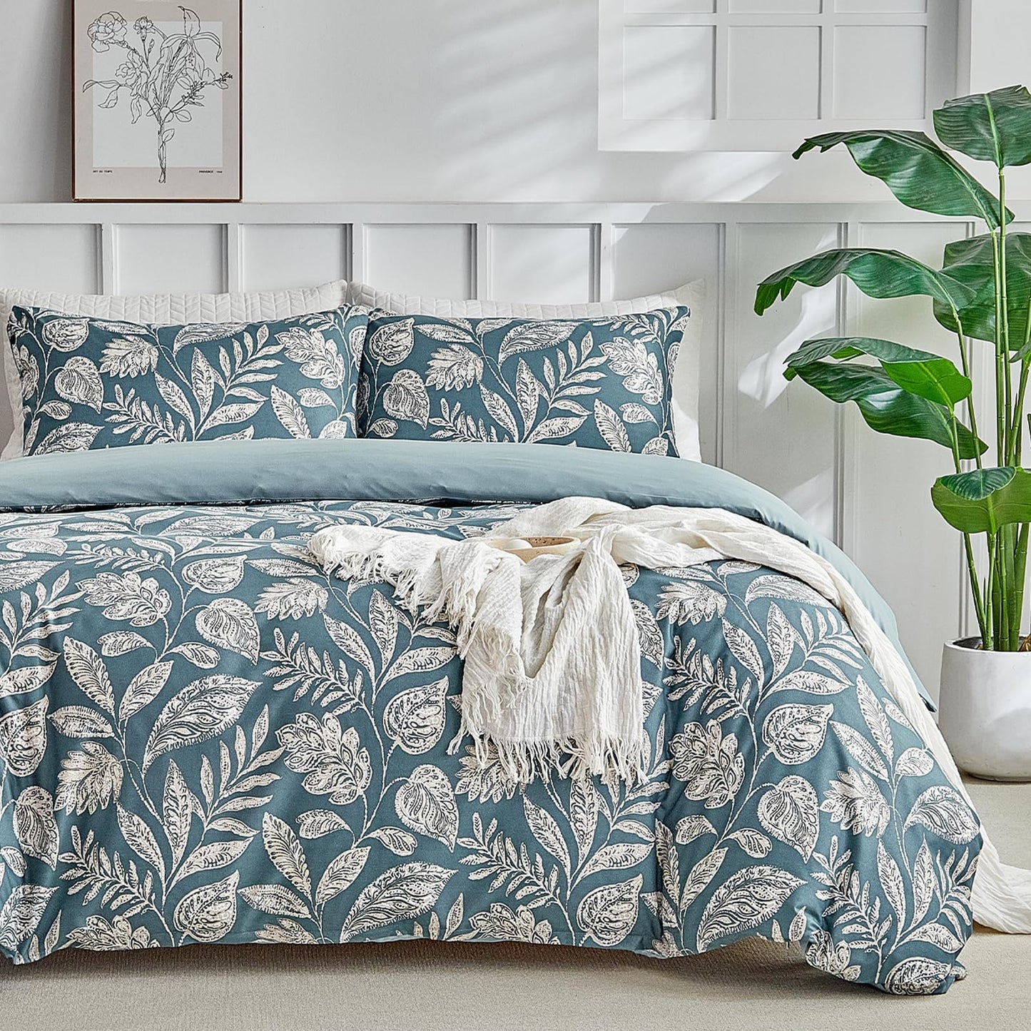 Lekesky Duvet Cover King Size, Reversible Teal Blue Floral Comforter Cover Set King Size 3pc, Soft 100% Washed Microfiber Breathable Bedding Sets with Zipper Ties and 2 Pillowcases