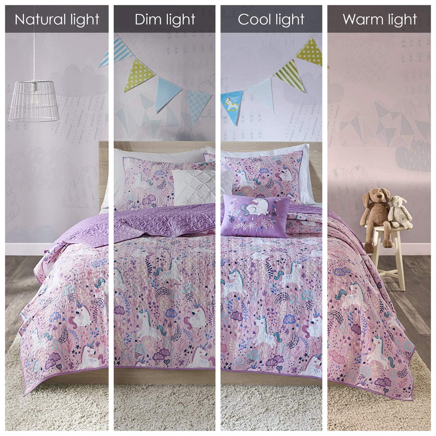 Intelligent Design Kids Reversible Cotton Quilt Set - Vibrant Fun, Playful Print, All Season Children Bedding Coverlet Bedspread, Decorative Pillow, Bedroom Décor, Full/Queen, Unicorn Pink 5 Piece
