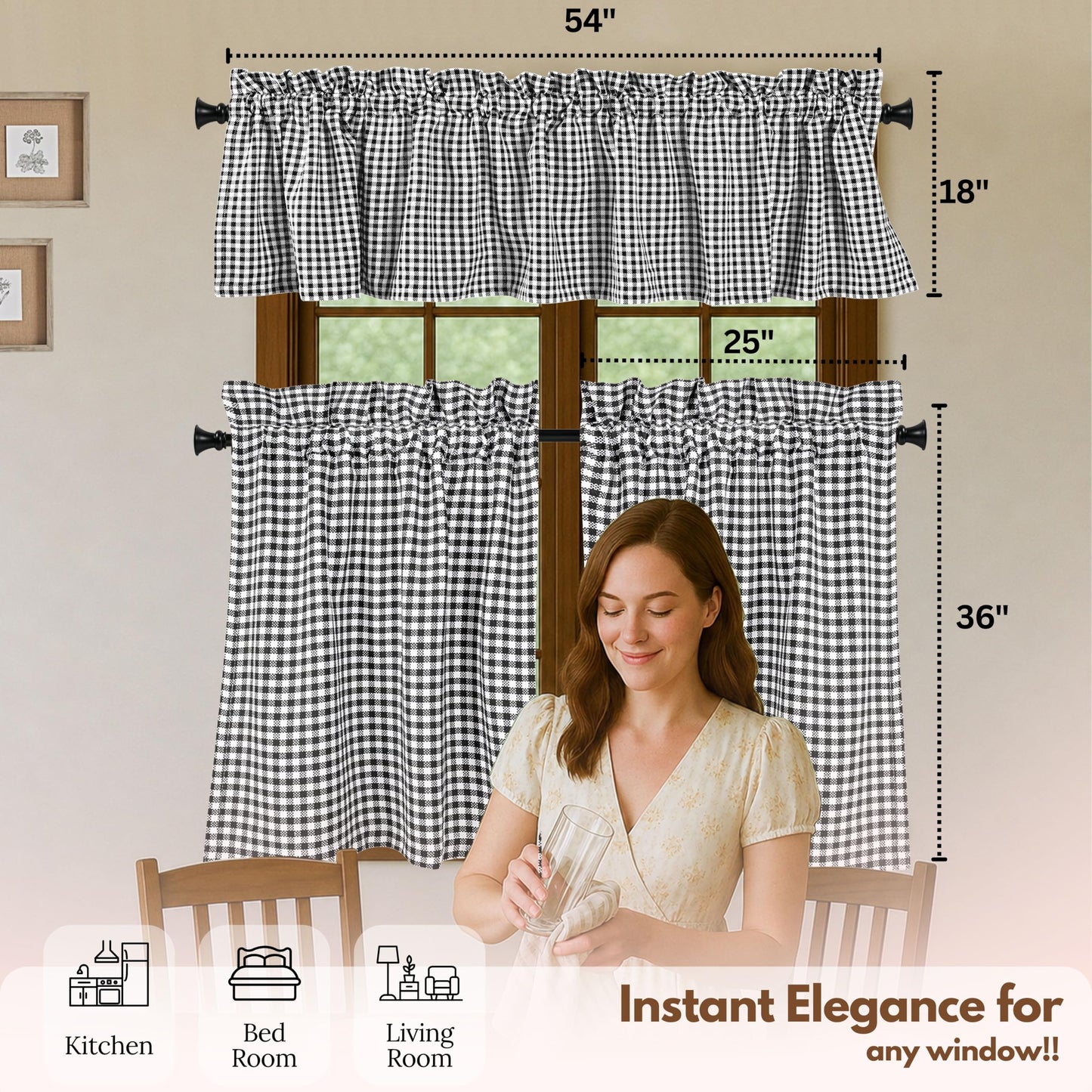 Native Fab Gingham Mini Check 3 Piece Window Curtain Tiers 26"x36" and Valance 54"x18" Set - Rod Pocket - Semi Sheer - Farmhouse Vintage Curtain for Kitchen, Cafe, Living Room - Black and White