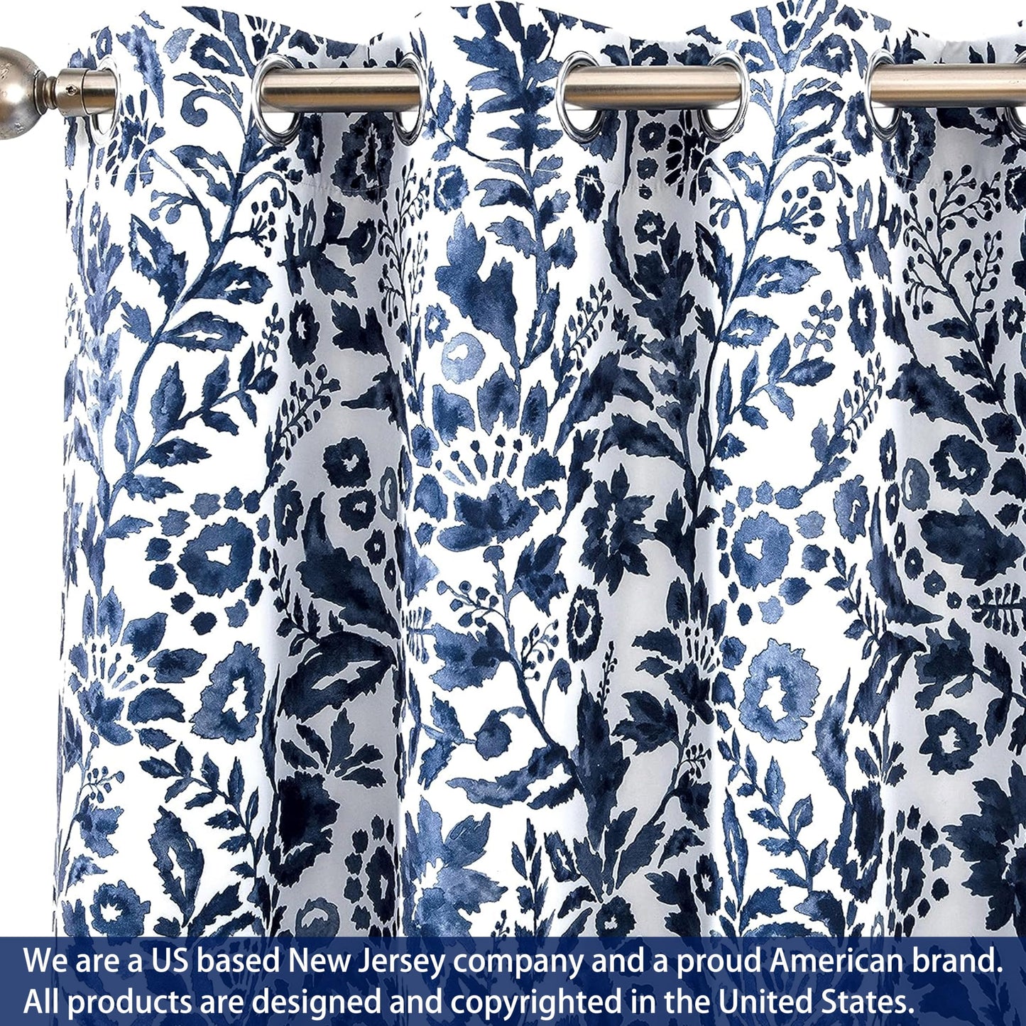 DriftAway Julia Blackout Curtains for Bedroom Navy Floral Watercolor Pattern Double Layer Thermal Insulated Sound Reducing Room Darkening Drapes for Living Room Grommet 2 Panels Each W52 x L84 Navy
