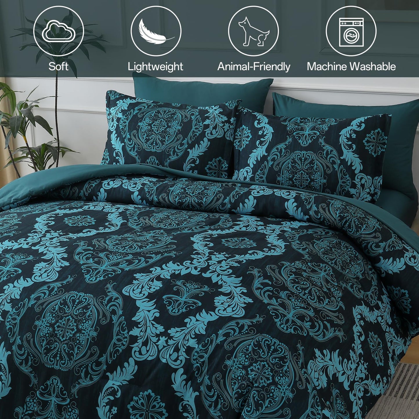WONGS BEDDING 7 Piece Queen Comforter Set, Teal Texture Breathable Microfiber Comforter Bedding Set for All Season, Damask Bed in a Bag with Comforter, Flat Sheet, Fitted Sheet, Pillowcases & Shams