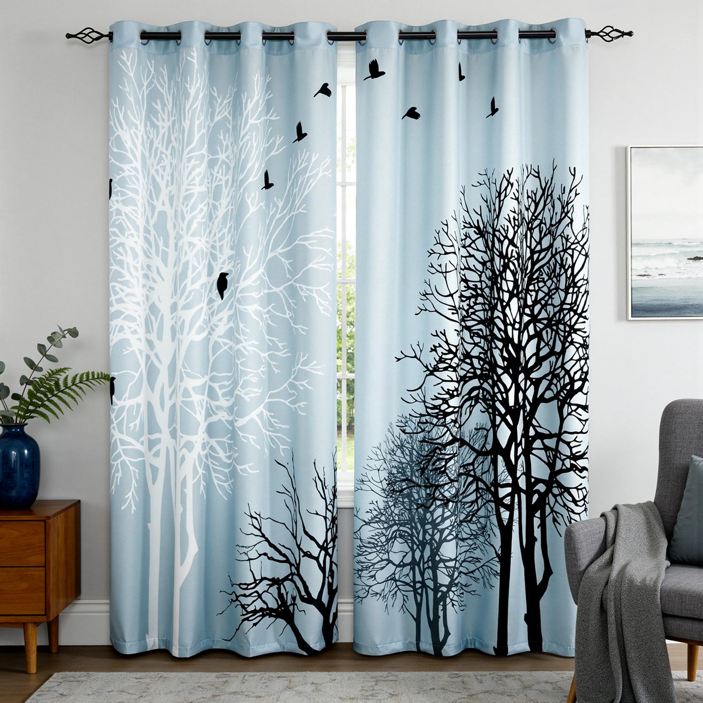 SUBRTEX Light Flitering Curtains 52Wx95L, Room Darkening Vibrant Floral Drapes, 50% Blackout, Semi Sheer Boho Farmhouse Curtains for Living Room, Light Blue