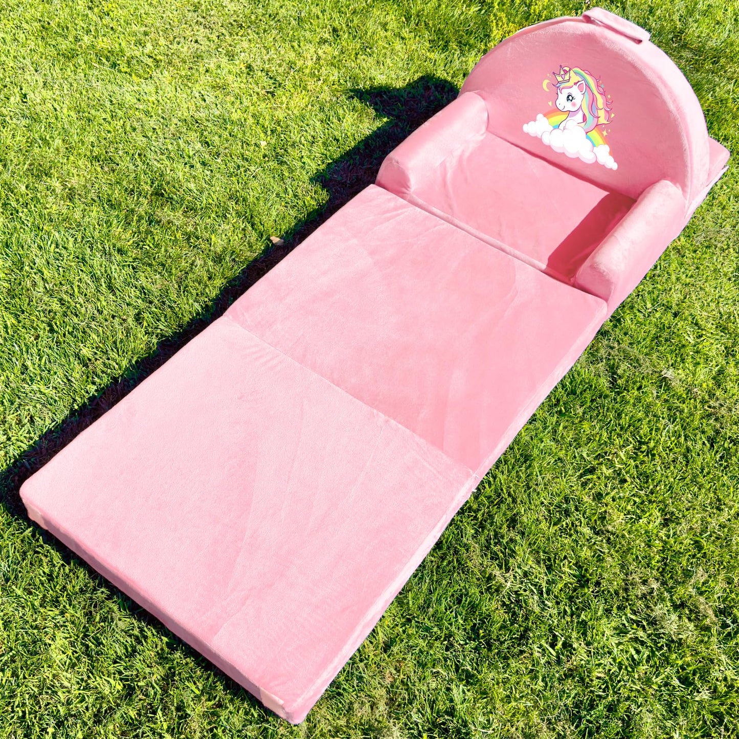 ORWIPO Unicorn Kids Sofa Bed with Removable Washable Cover & Hook and Loop Backrest – Foldable Toddler Chair, Cozy Crystal Velvet Furniture for Playtime, Naps & Travel (Pink, Unicorn Design)
