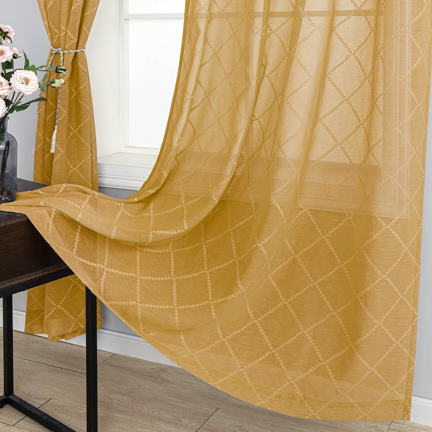 KOUFALL Gold Curtains for Living Room 84 Inches Long,Sheer Geometric Fancy Sheers Mid Century Modern Boho Curtains for Bedroom 2 Panels Set