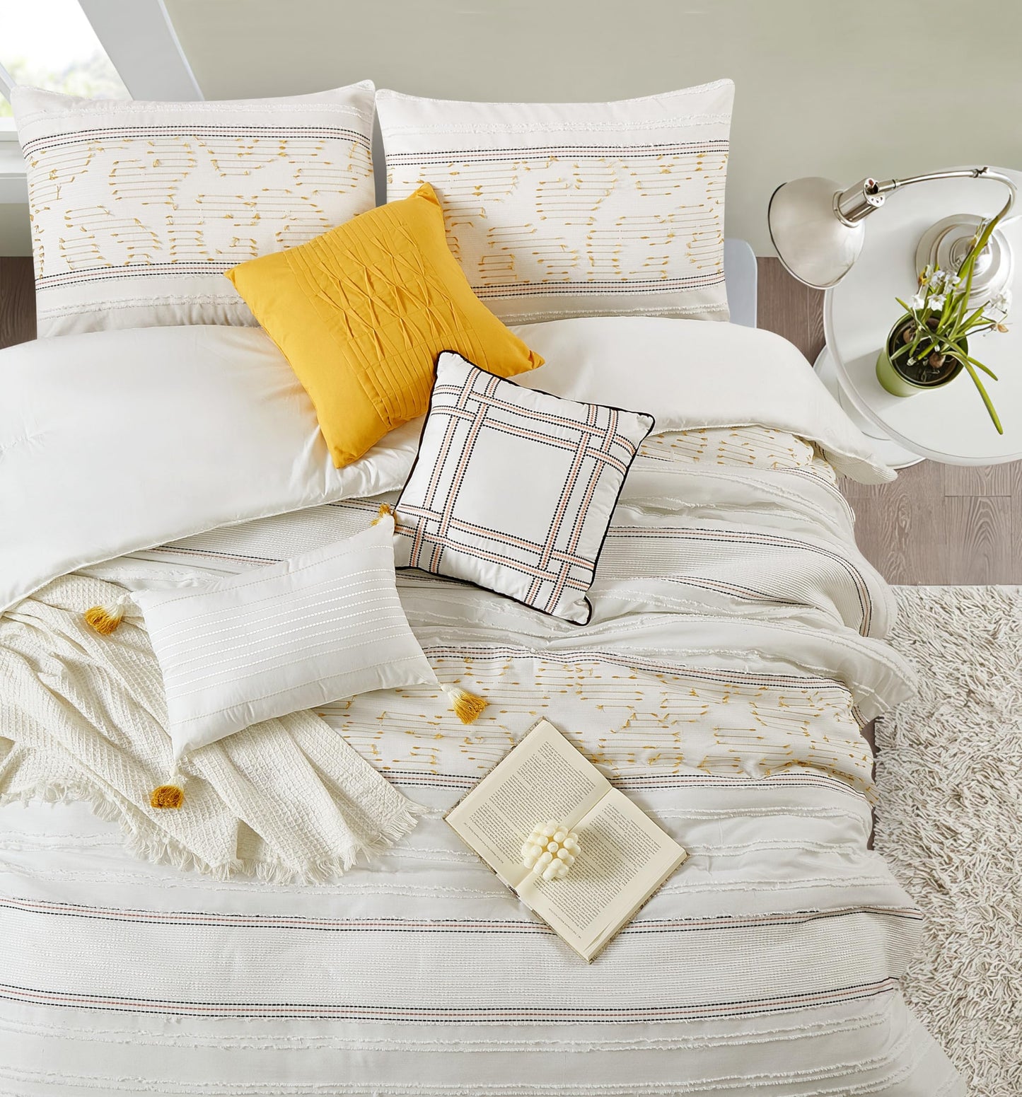 Stratford Park White Yellow Jacquard Comforter Set Queen Size, 7 Piece Striped Bedding Set, All Season Home Decor, Matching Pillow Shams, Bedskirt, Decorative Pillows
