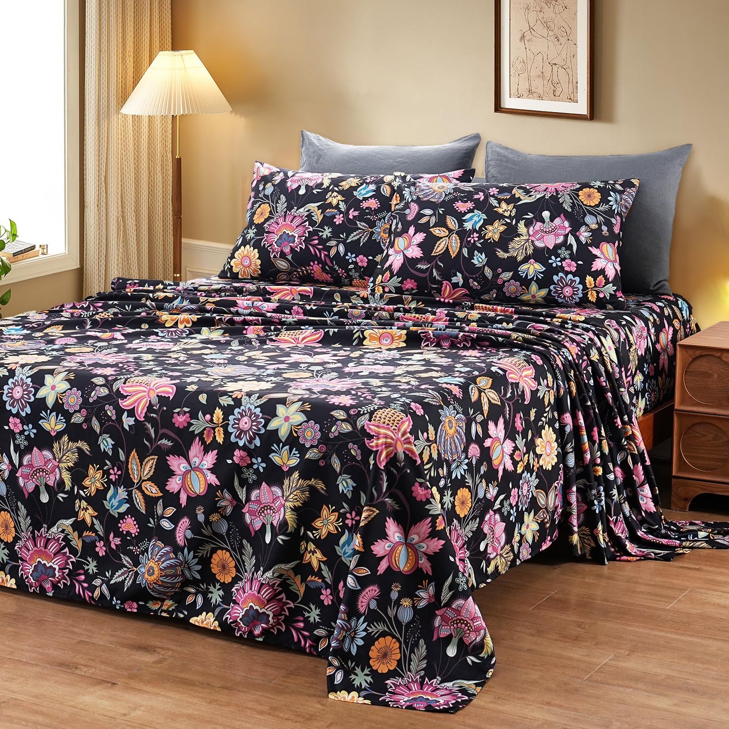 Bedlifes Queen Sheet Set Ultra Soft, Breathable, Silky Flower Deep Pocket 100% Microfiber Bedding, 4 Piece Queen Size with Floral,Black Yellow Flowers
