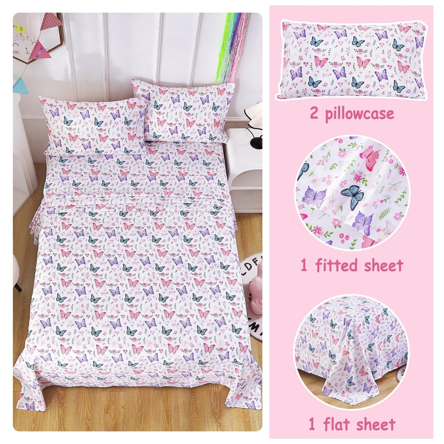 Softan Kids Bed Sheet Set, 4-Piece Full Size Sheets, Microfiber Fitted Sheet with Corner Straps, Breathable & Silky Soft Butterfly Flower Printed Sheet and Pillowcase Sets