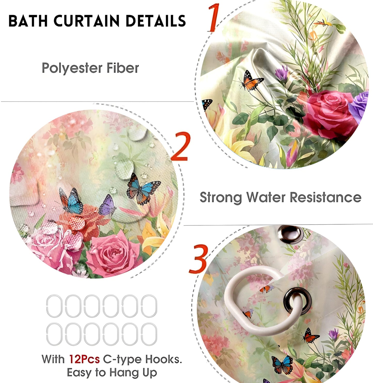 DDQQ 4-Piece Butterfly Floral Shower Curtain Set Botanical Aesthetic Flower Bathroom Set with Shower Curtain and Rugs, Cute Fun Decorative Bath Curtain with Hooks for Home Decor