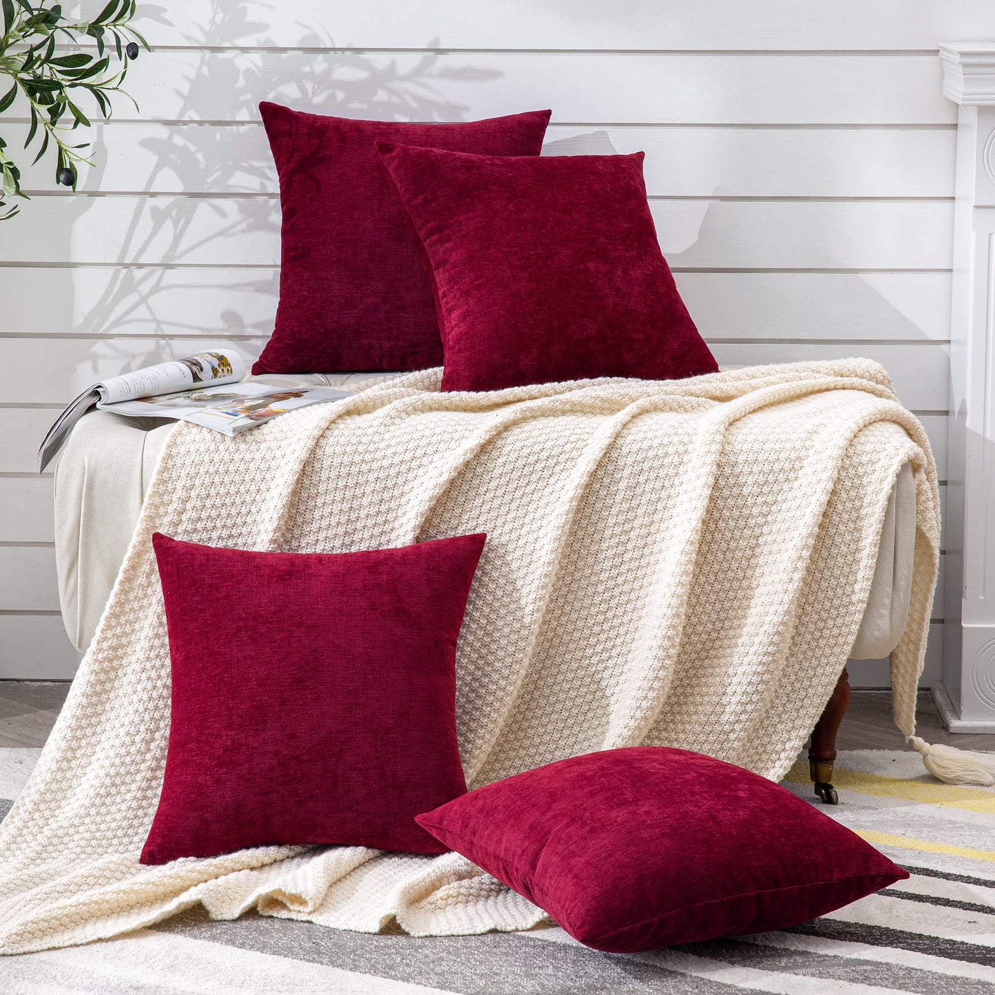 GAWAMAY Decorative Square Throw Pillow Covers 18"x18" Inch Set of 4, Super Soft Chenille Pillows Cover Fall Pillowcase for Living Room Bedroom Sofa Couch Cushion Cover Burgundy Red 45x45cm