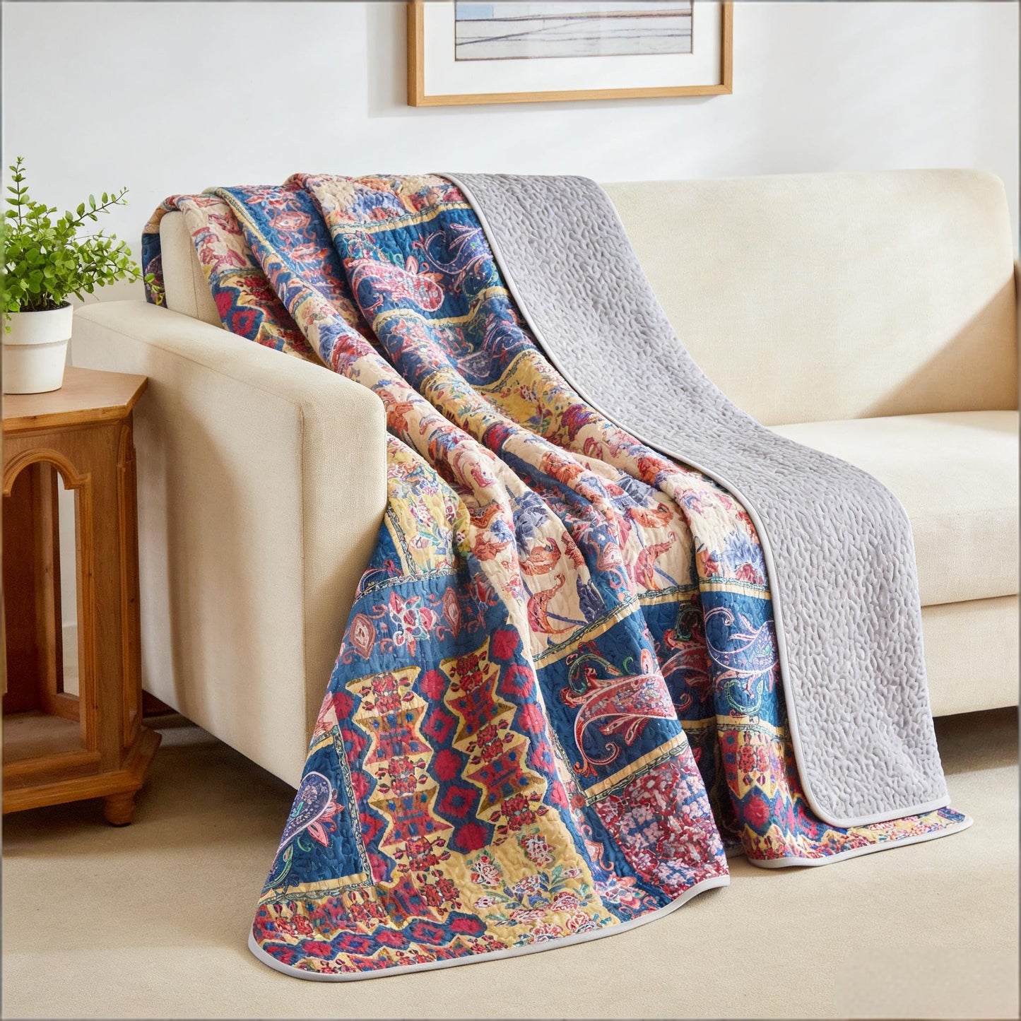 Floral Boho Quilts King Size Bedding Set Purple 3 Pieces Farmhouse Botanical Summer Bedspreads with 2 Shams Soft Reversible Lightweight Breathable Coverlet Set for All Season (Purple Boho, King)