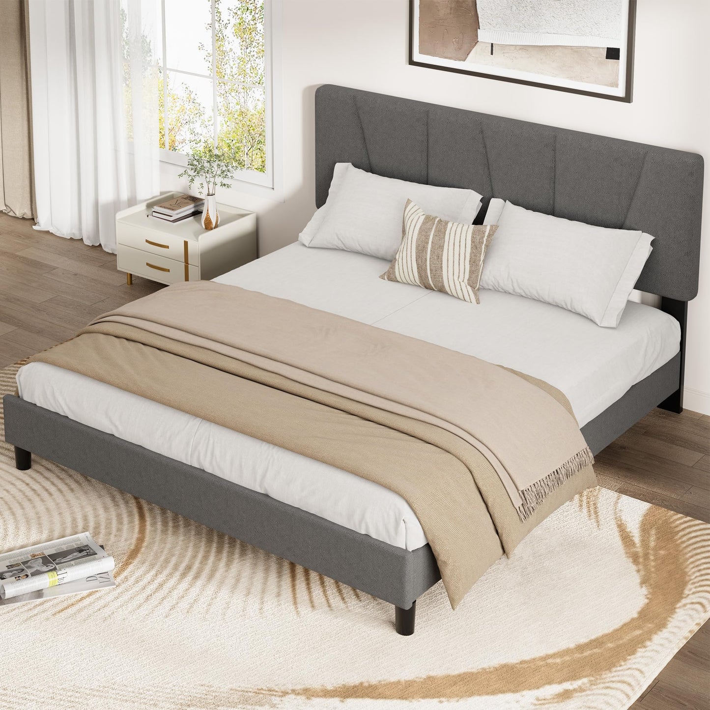IDEALHOUSE Full Size Bed Frame with Upholstered Headboard, Heavy Duty Platform Bed Frame with Strong Wood Slats, Adjustable Headboard, Noise-Free, No Box Spring Needed, Easy Assembly