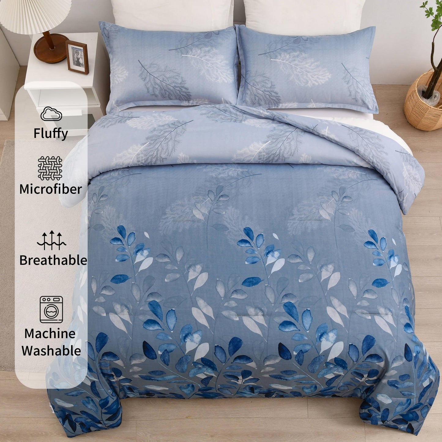 DJY Blue Comforter Set King, Navy Botanical Leaves Comforter for King Bed 3 Pieces Reversible Floral Bed Comforter Sets Soft Microfiber Bedding Set for All Season (104"x90")