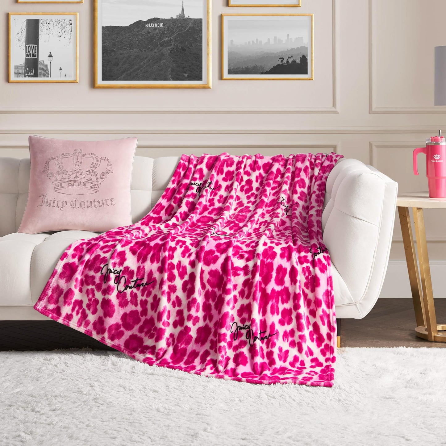 Juicy Couture Luxurious Throw Blanket for Couch - 50” x 70” Inches - Regent Leopard Print Blanket - Plush & Cozy Throw Blanket - Decorative Blankets for Sofas, Throws for Chairs, and Beds – Pink