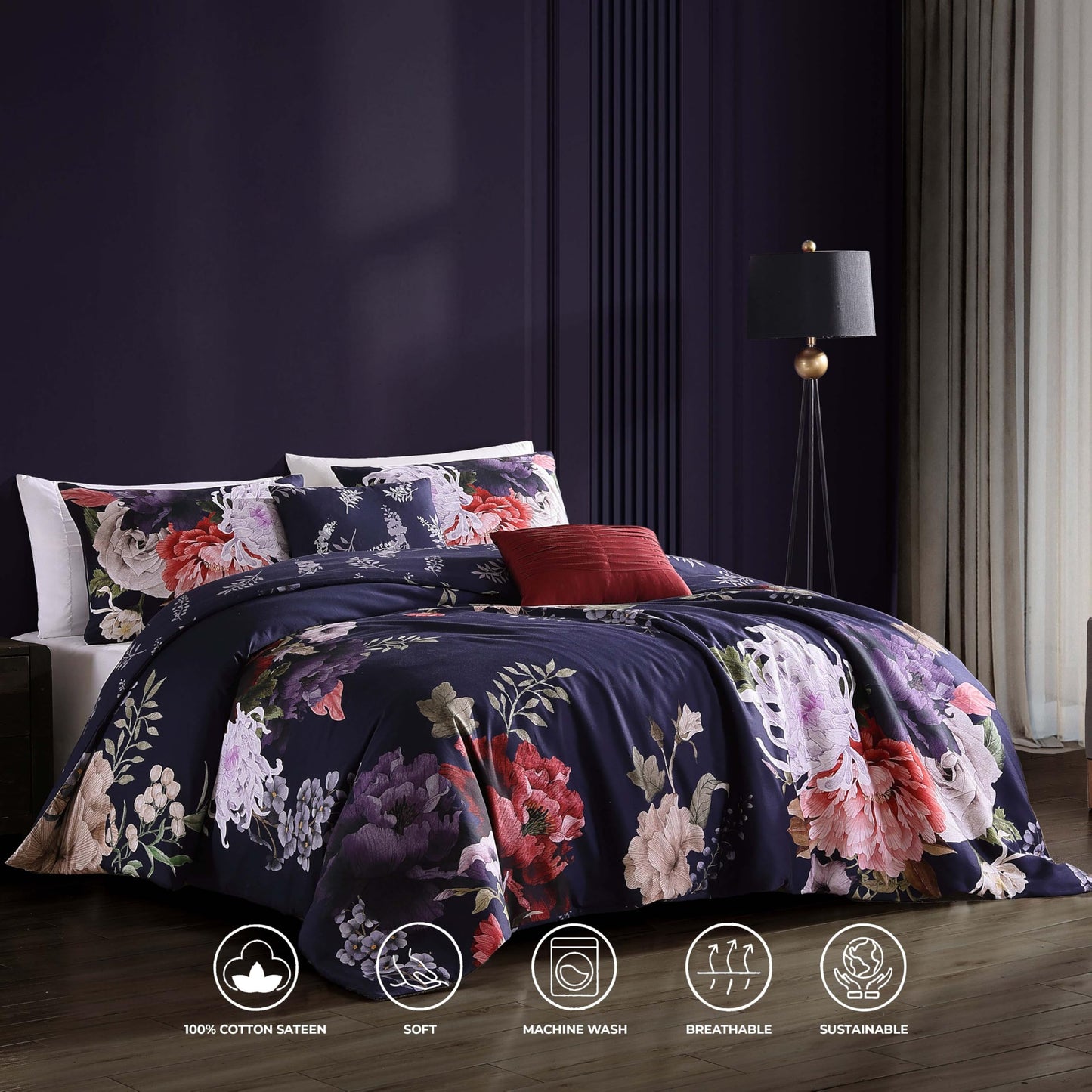 Bebejan Deep Purple Garden 5 Piece Comforter Set, 100% Cotton Sateen, 200 Thread Count, Floral Reversible Bedding Comforter Set, 1 Comforter, 2 Shams & 2 Pillows (King/Cal King)