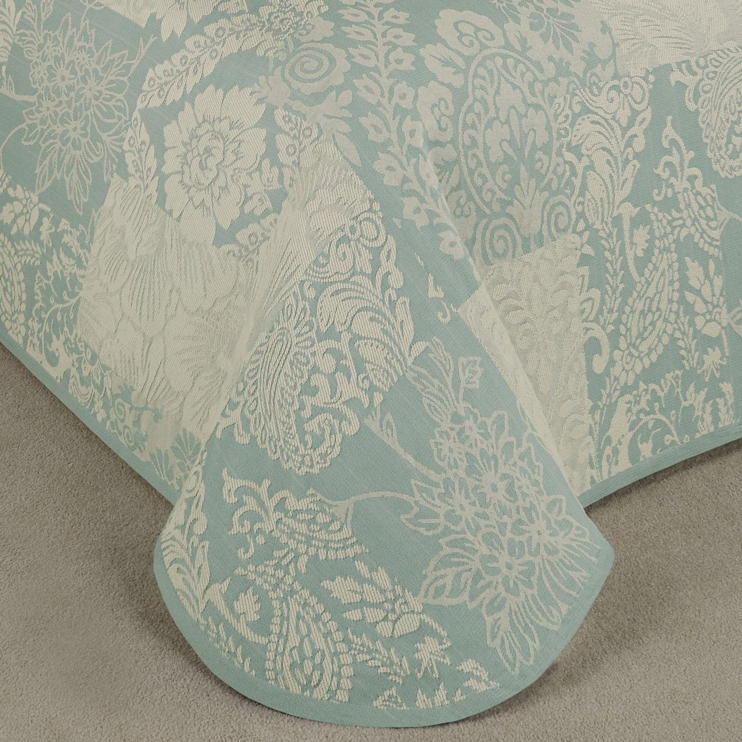 Maisonette Lightweight Bedding | Ivory & Spa Aqua Blue | Jacquard-Woven Cotton/Polyester Florals & Paisley Blocks | 5 Piece Bed Set: California King Bedspread, 2 King Shams, & 2 Square Accent Pillows