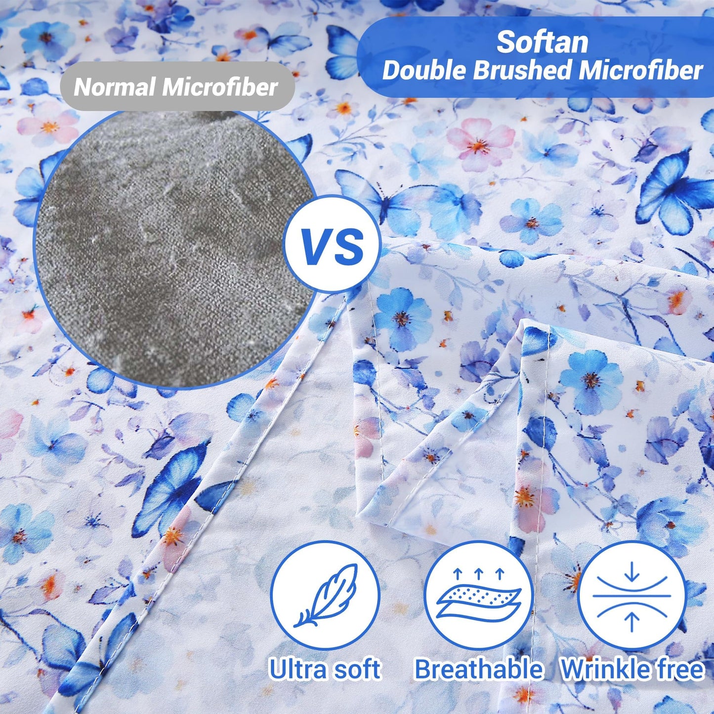 Softan Queen Floral Sheets, Microfiber Blue Flower Printed Fitted Sheets with Non-Slip Corner Straps and 15" Deep Pocket, Butterfly Patterned Cozy Bed Sheets & Pillowcase Sets