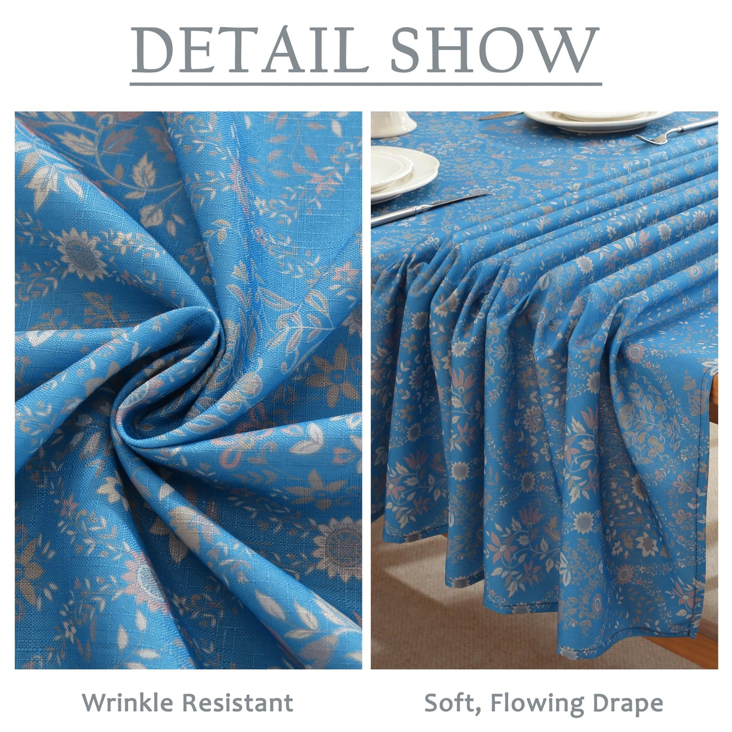 Honellaty Blue French Vintage Floral Rectangle Tablecloth, 60 x 84 Inch