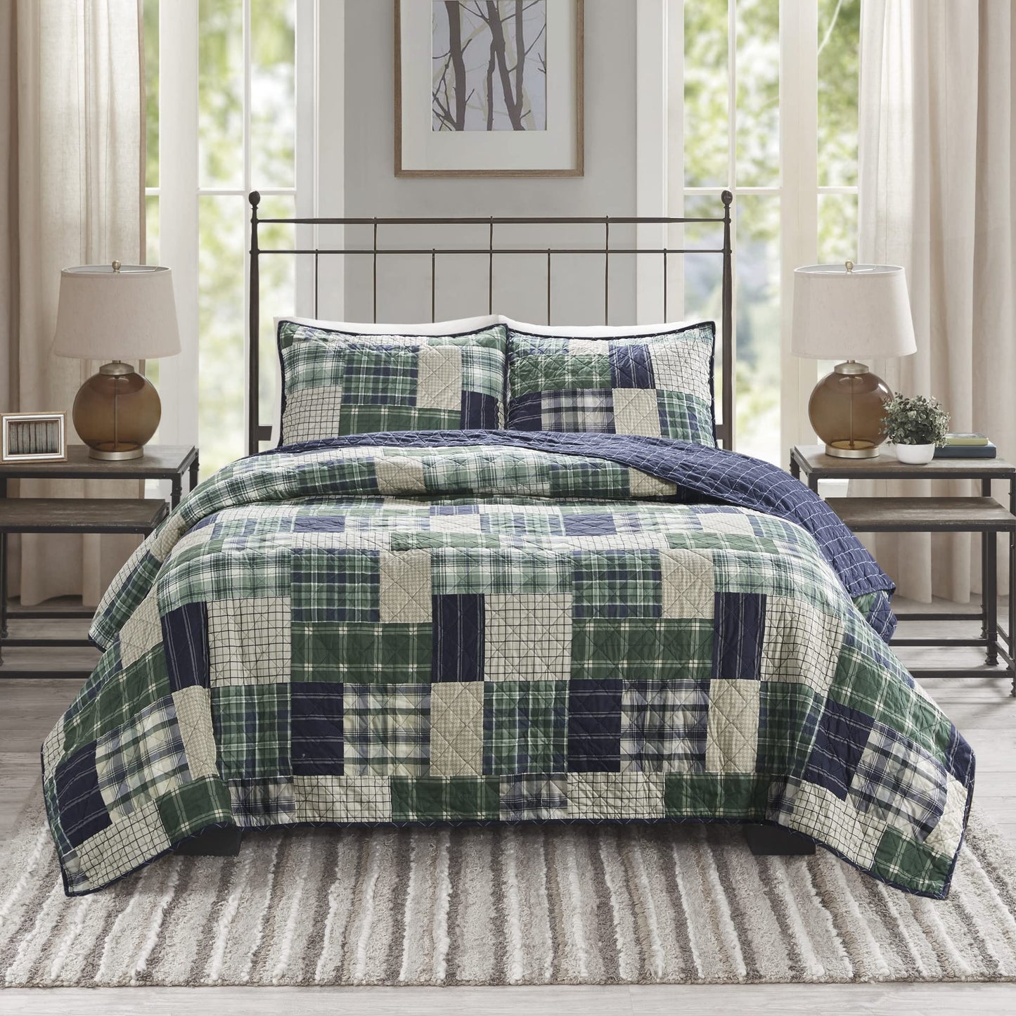 Madison Park Reversible Quilt Cabin Lifestyle Plaid Design - All Season, Breathable Coverlet Bedspread Bedding Set, Matching Shams, Full/Queen(90"x90"), Green/Navy 3 Piece