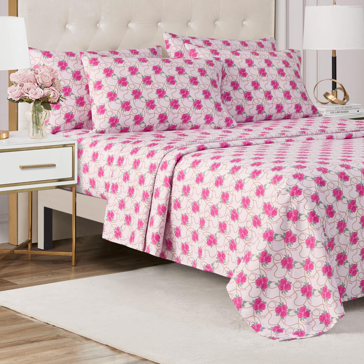 Juicy Couture Printed Microfiber 6-Piece King Sheet Set, Bianca Chain Floral Pink