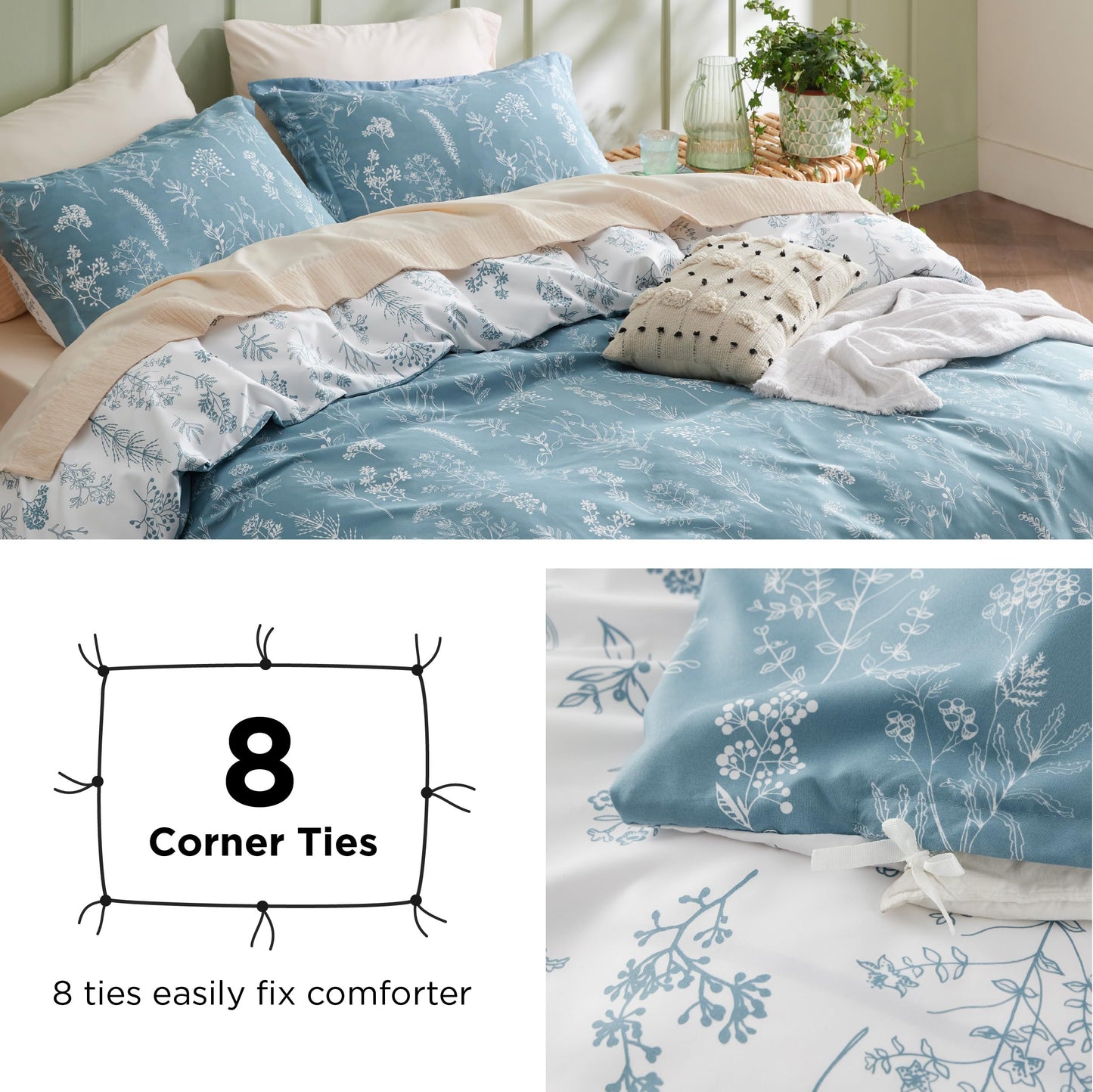 Bedsure Duvet Cover King Size - Reversible Mineral Blue King Duvet Cover Set with Zipper Closure, 3 Pieces Floral Patterned Bedding Set with 8 Corner Ties and 2 Pillow Shams