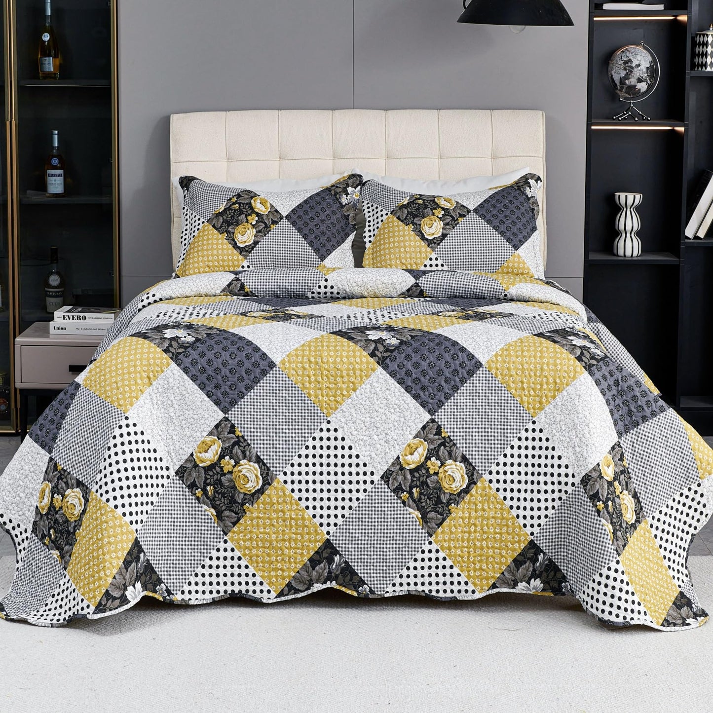 Cmfshape Summer Floral Queen Bedspread,Romantic Khaki Quilt Set Full,Reversible Stitched Bedding Set All Season,Soft Lightweight Coverlet with Pillow Cases (Khaki&Dark, Queen90 x90)