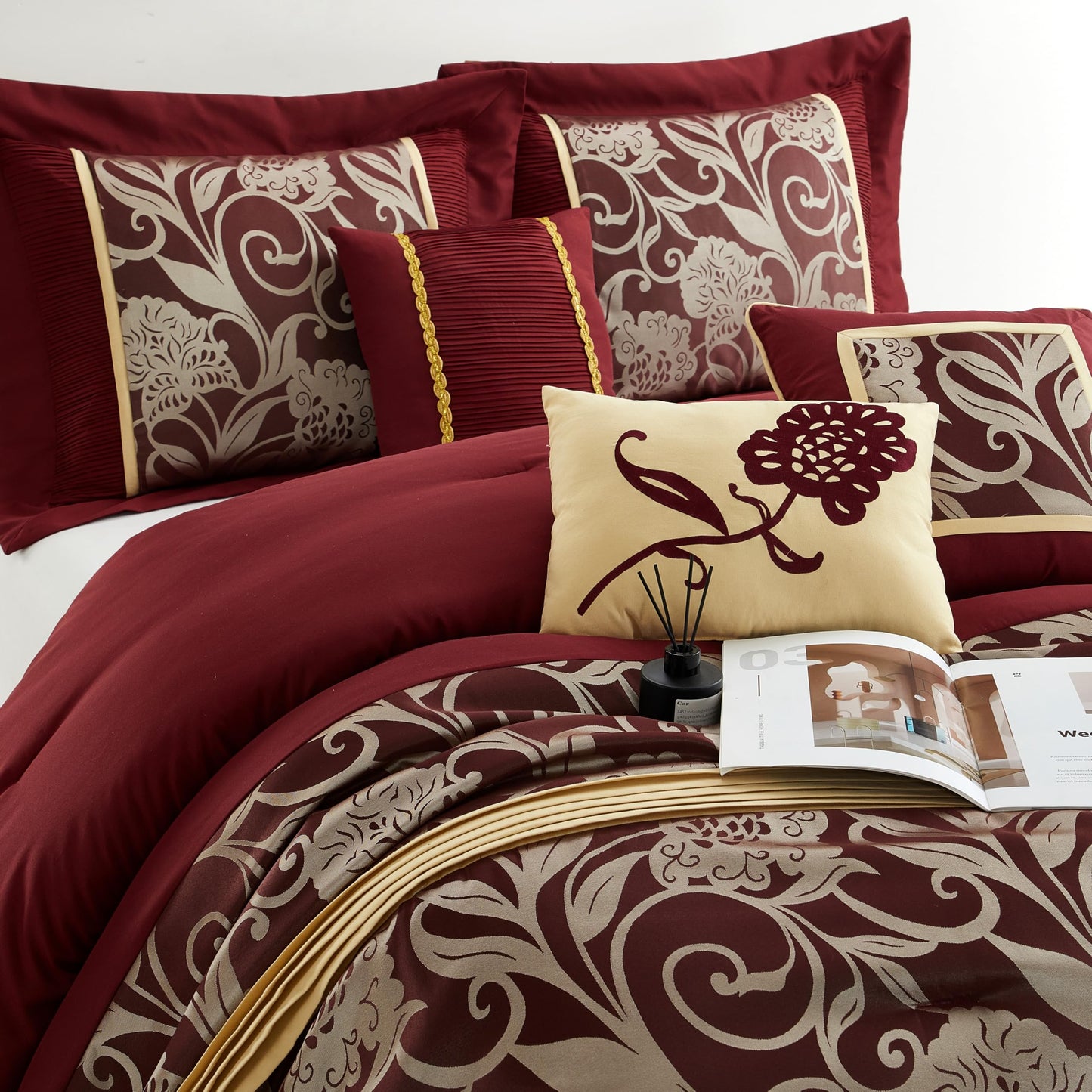 Stratford Park Red and Gold Comforter Set Queen Size, 9 Piece Jacquard Floral Bedding Set, All Season, Ultra-Soft, Matching Pillows & Shams, Bed Skirt, Curtains