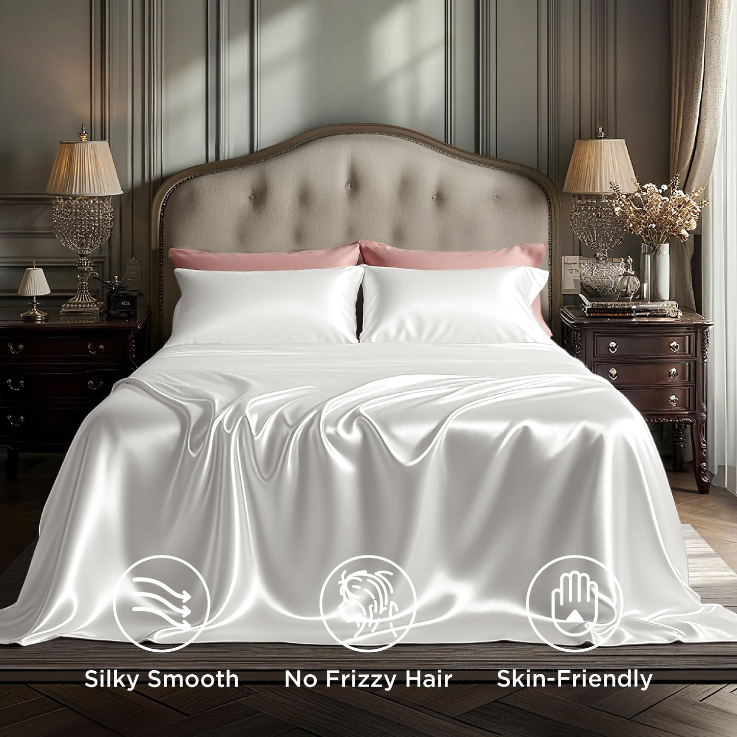 Bedsure White Satin Sheets Full Size - 4 Piece Silky Bedsheets with Elastic Corner Straps and 15 Inches Deep Pocket Fitted Bedsheet,1 Flat Sheet, 2 Satin Pillowcases, Good for Hair & Skin (Full,White)
