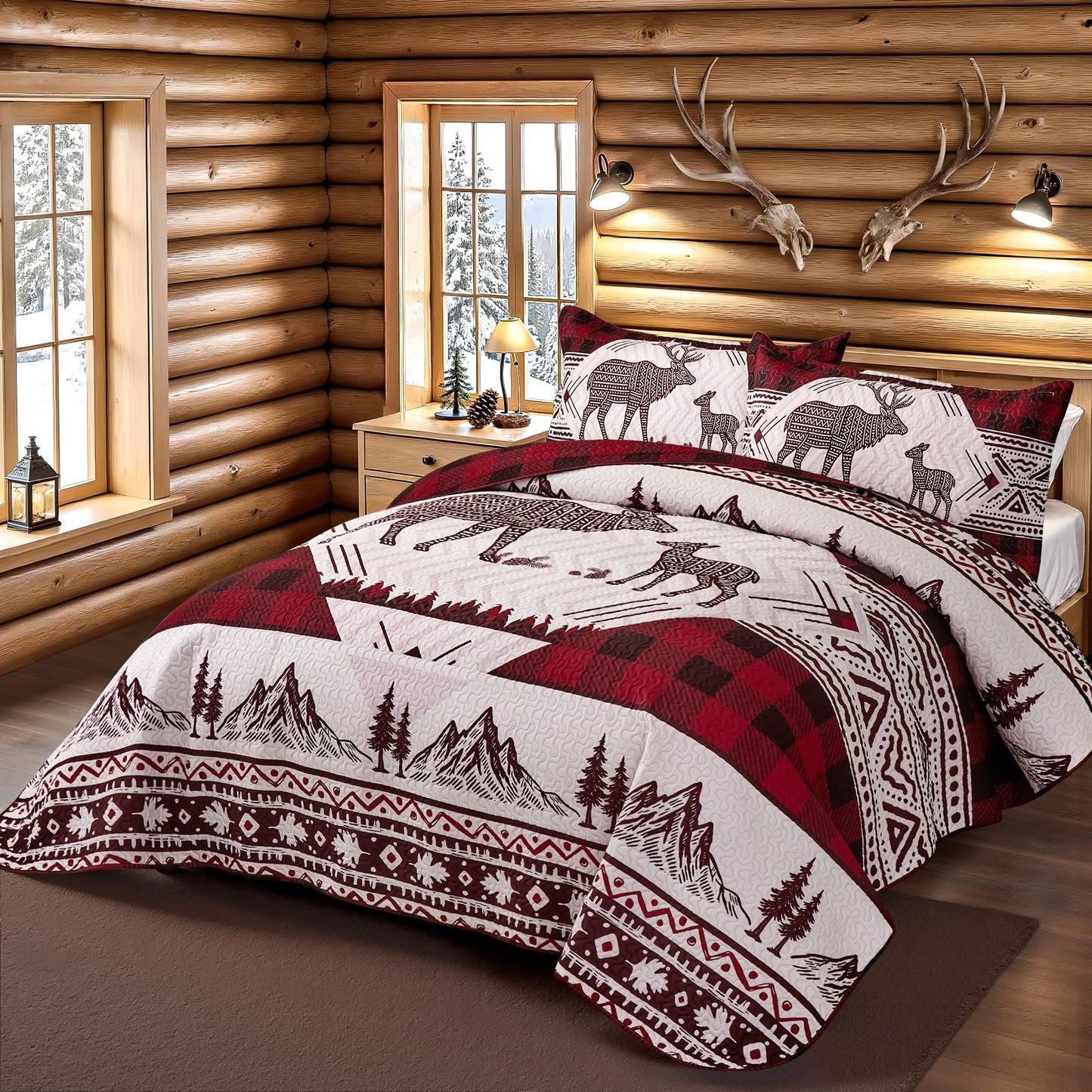 3 Piece Cabin Full/Queen Quilt Sets Christmas Rustic Reversible Microfiber Soft Lightweight Farmhouse Bedspread Comforter with 2 Shams Patchwork Country Lodge Bedding for All Season, 90''x96'', Red