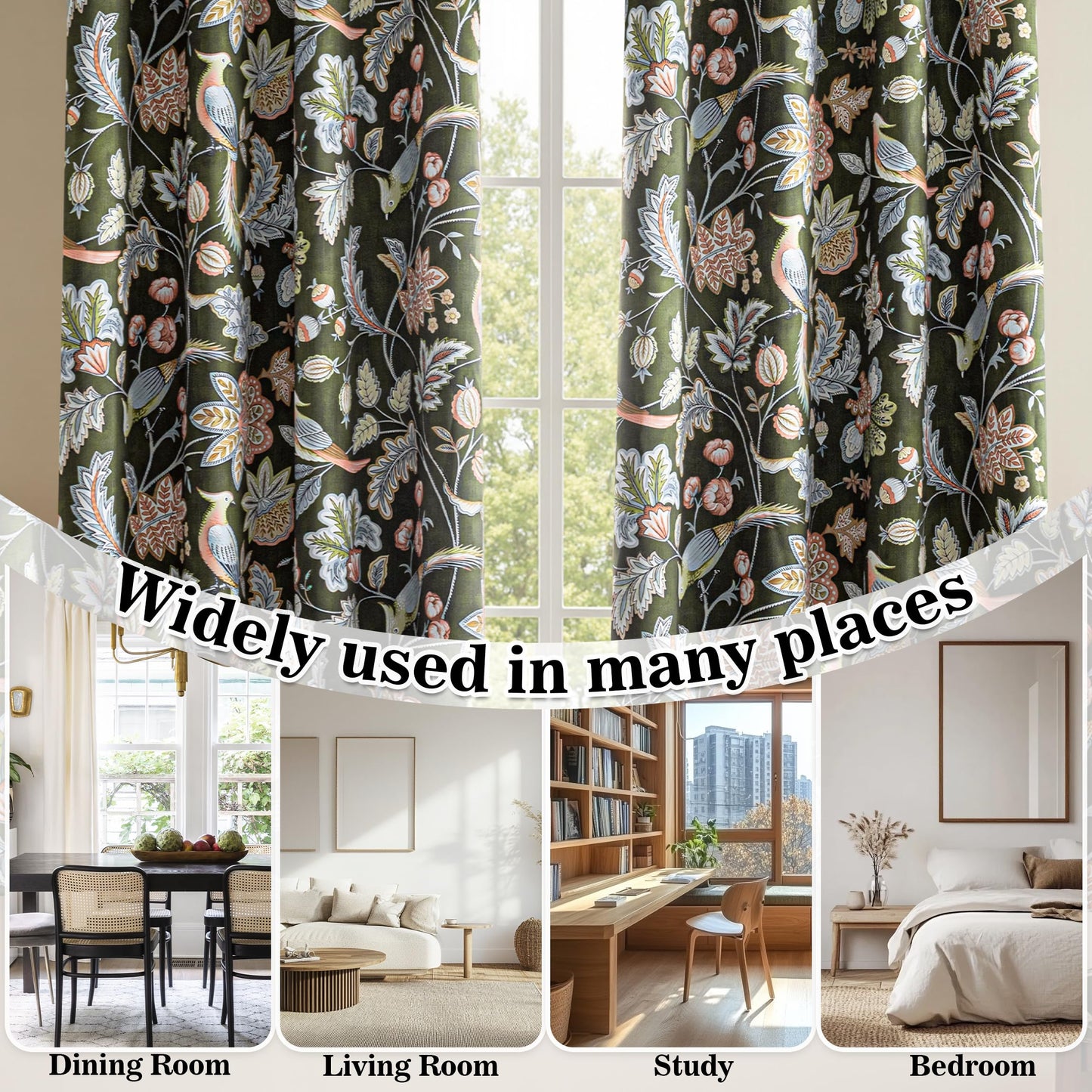 MYSKY HOME Green Boho Floral Blackout Living Room Curtains 84 inch Long Thermal Insulated Room Darkening Noise Reduce Cottage Curtains with Flower Bird Patterned Grommet Drapes, 2 Pcs, 52" Wide,