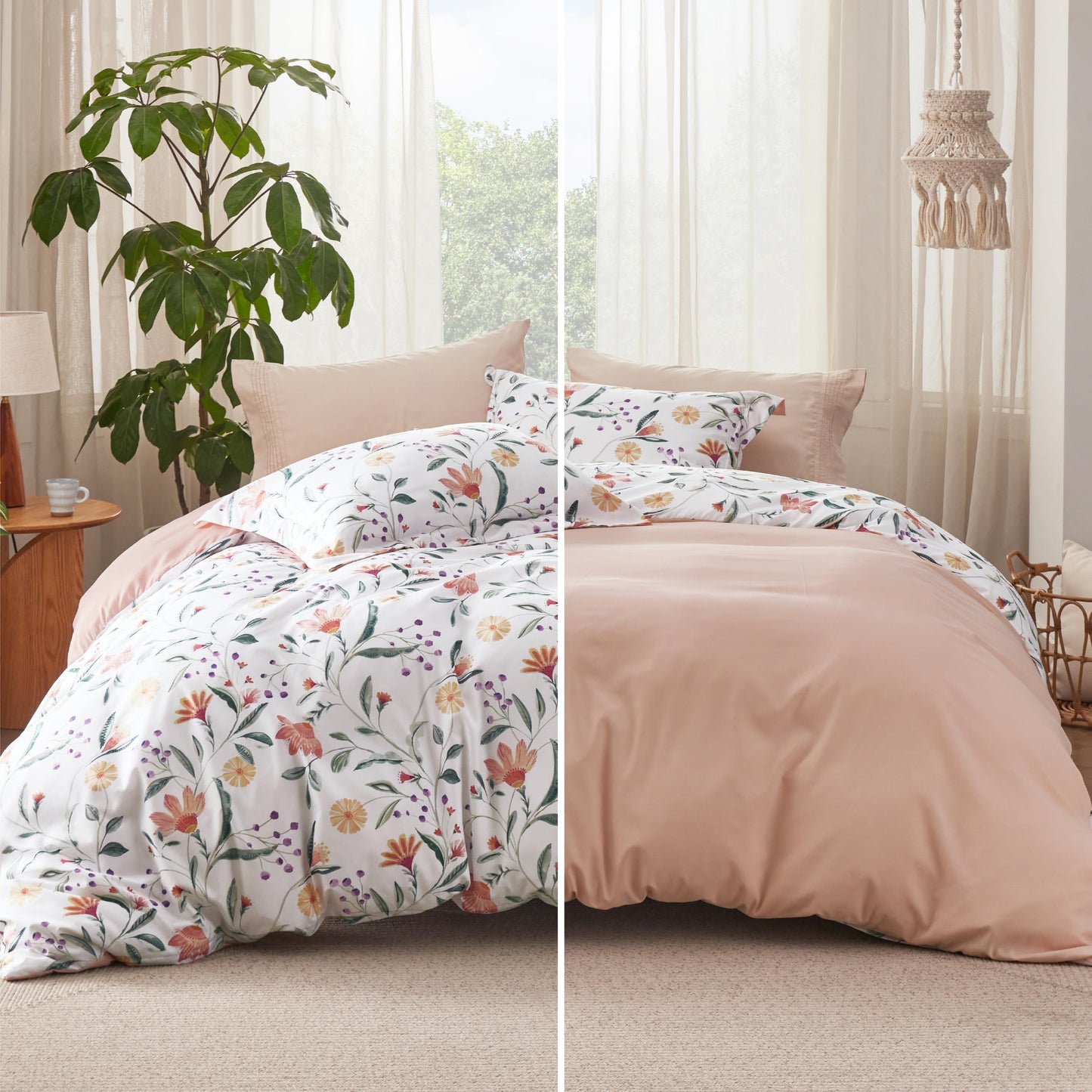 Bedsure Duvet Cover King Size - Reversible Floral Duvet Cover Set with Zipper Closure, 3 Pieces Pale Blush Bedding Set with 8 Corner Ties and 2 Pillow Shams 20"x36"