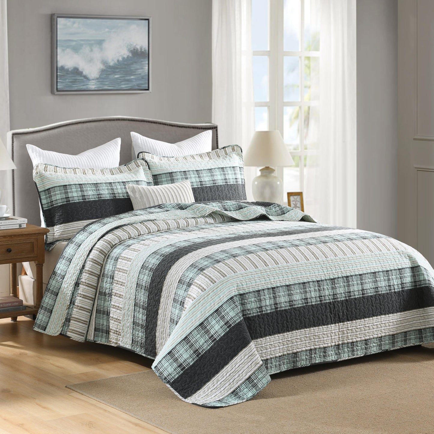 Homzard 100% Cotton Quilts Queen Size，Teal Black Beige Queen Quilt Bedding Set,Farmhouse Plaid Striped Bedspread Set,Lightweight Breathable Comforter Reversible Coverlet All Season 3 Pieces