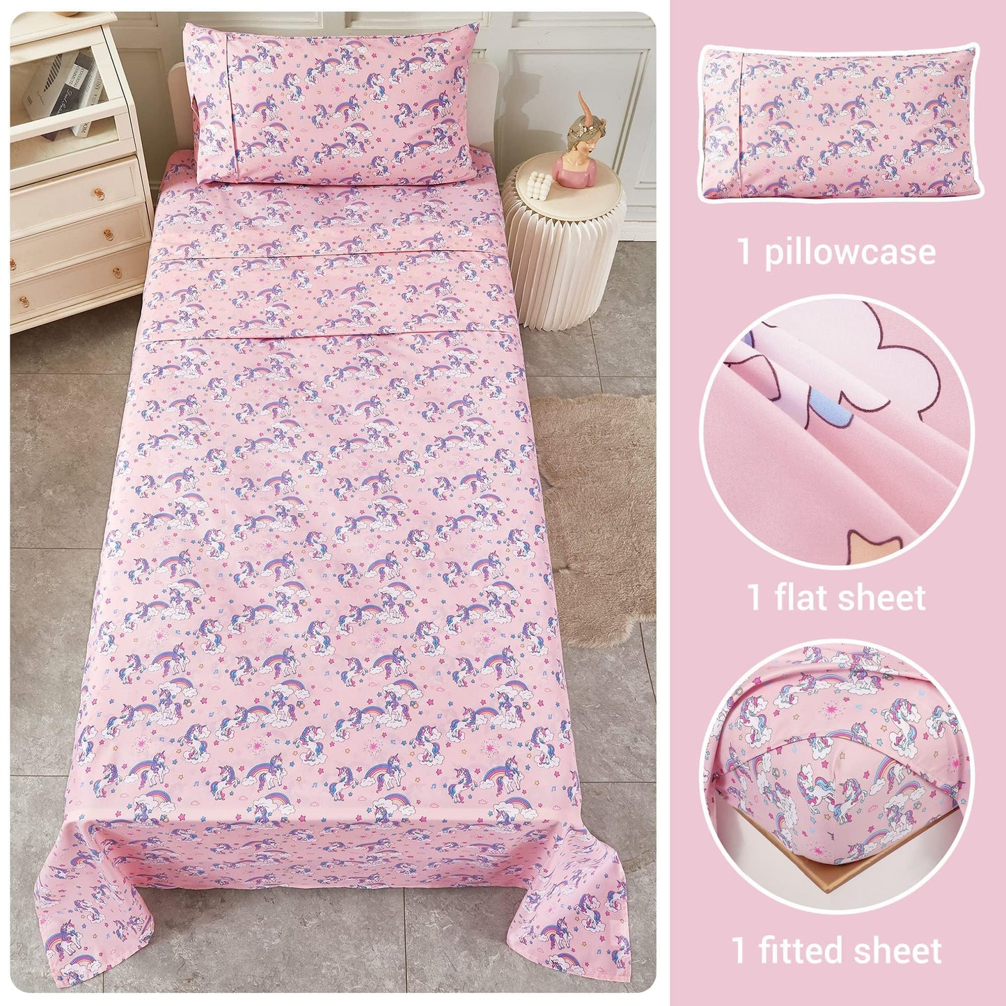 Softan Kids Bed Sheet Set, 3-Piece Twin Sheets Set, Microfiber Fitted Sheet with 15 Inches Deep Pocket and Corner Straps, Breathable & Silky Soft Pink Unicorn Pattern Sheet and Pillowcase Sets