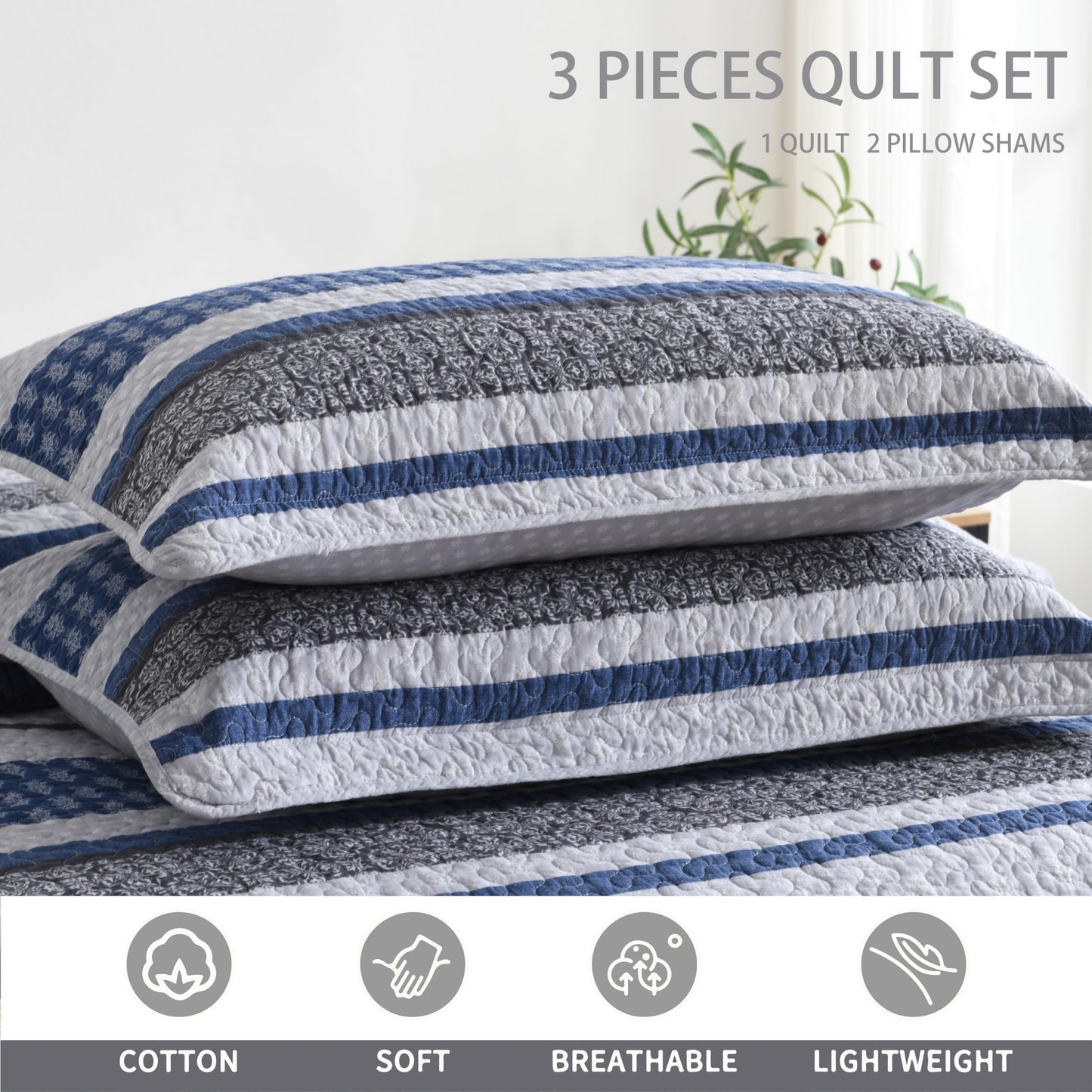Homzard Quilt Bedding Set King Size,100% Cotton King Size Comforter Set,Gray Blue Quilts Bedspread for The Bed, Striped Farmhouse Lightweight Bedding (106 * 98 Inch) and 2 Pillow Shams All Season