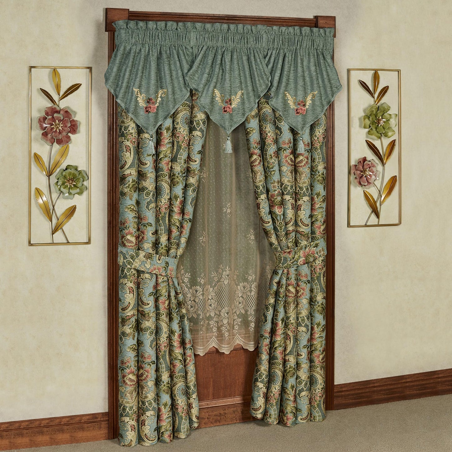 Calais Chateau Traditional Luxury Window Treatments | Soft Teal Chenille | Colorful Pastel Woven Classic Jacobean Florals | Lined Drapery Set Includes 3 Embroidered Ascot Valances & 95L Curtain Pair