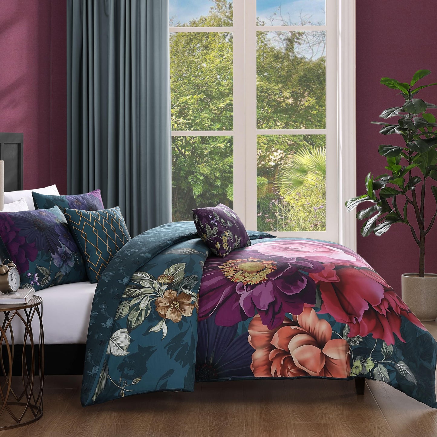 Bebejan Vibrant Flora 5 Piece Comforter Set, 100% Cotton Sateen, 220 Thread Count, Reversible Bedding Comforter Set, 1 Comforter, 2 Shams & 2 Pillows (King/Cal King)