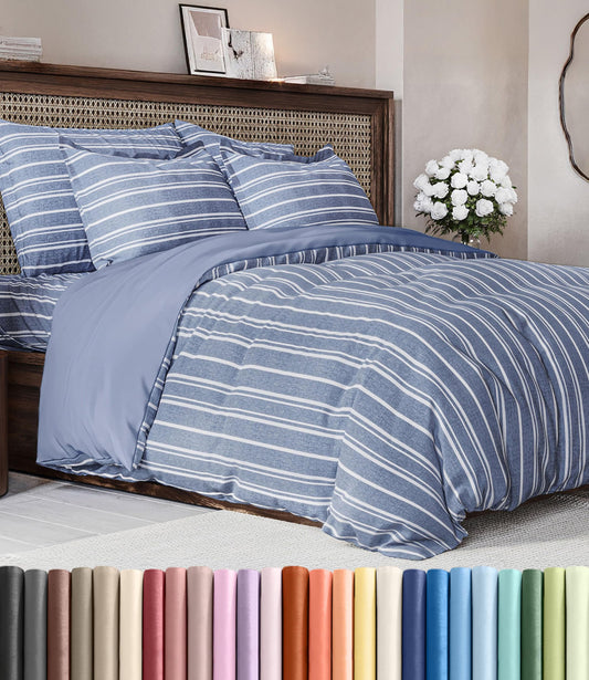 Duvet Cover Queen Size Set - Extra Soft Queen Duvet Cover 90" x 90" with 2 Pillow Shams - Hotel Luxury, Easy Care & Fade Free with Zipper Closures & Ties - Comfy, Cozy and Breathable (Blue Stripes)