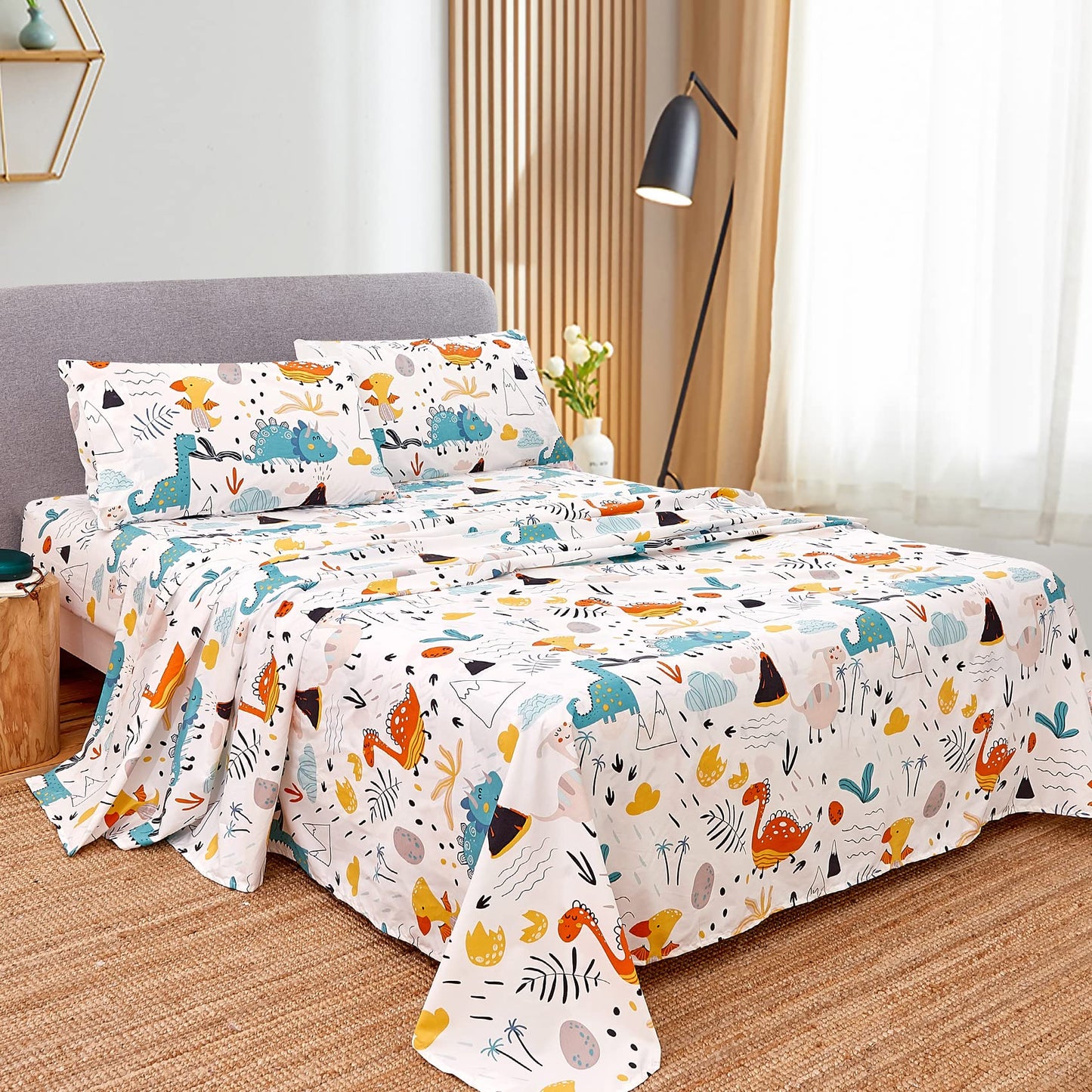 JSD Kids Dinosaur Sheet Set Twin Size, 3 Piece Soft Printed Microfiber Bed Sheets for Boys Girls Deep Pocket